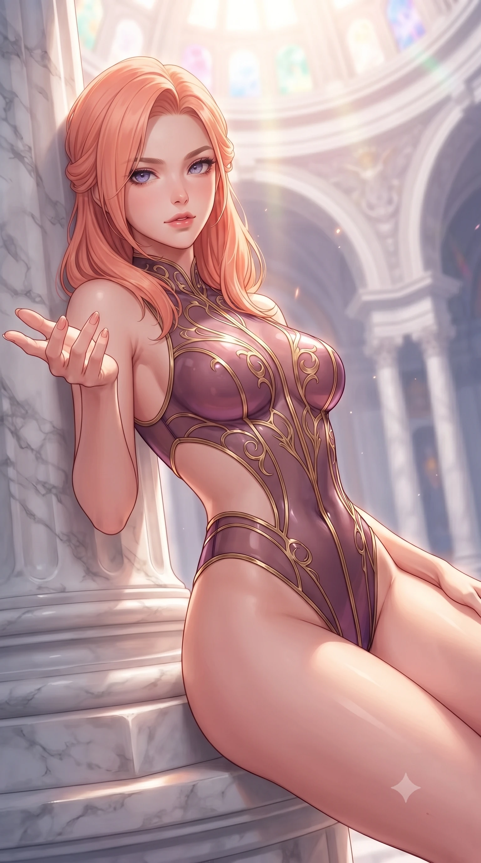 score_9, masterpiece, best quality, ultra-detailed, high-budget anime keyframe, editorial fashion photography, tasteful artistic composition, Japanese woman. close-up cowboy shot from the waist and thighs up, the character dominates the composition, filling the frame with her large presence, background elements kept in soft focus. Reaching one hand gracefully toward the viewer with effortless superiority and allure resting against a sculpted white marble pillar under a rainbow dome, majestic vaulted ceilings rising high into a luminous atmosphere. She has an exceptionally elegant, slender, and willowy female figure with an ultra-slim waist, a gracefully sculpted slender torso, and a refined silhouette. sharp v-shaped jawline, high-bridge nose, intricate jewel-like eyes with depth, thick eyelashes, glossy lips with a natural sheen. wearing a high-cut translucent vinyl leotard with front paneling and open back in plum purple and gold filigree, woven from fine semi-opaque sheer organza, featuring clean architectural cutouts along her slender torso, the sleek second-skin texture accentuating her magnetic presence. surrounded by a glowing divine aura of sunbeams and incense radiance. highly saturated vibrant anime colors, detailed shading with soft gradients, rich glossy textures, high-contrast stereoscopic depth, volumetric dynamic lighting, master piece, 9:16 ratio