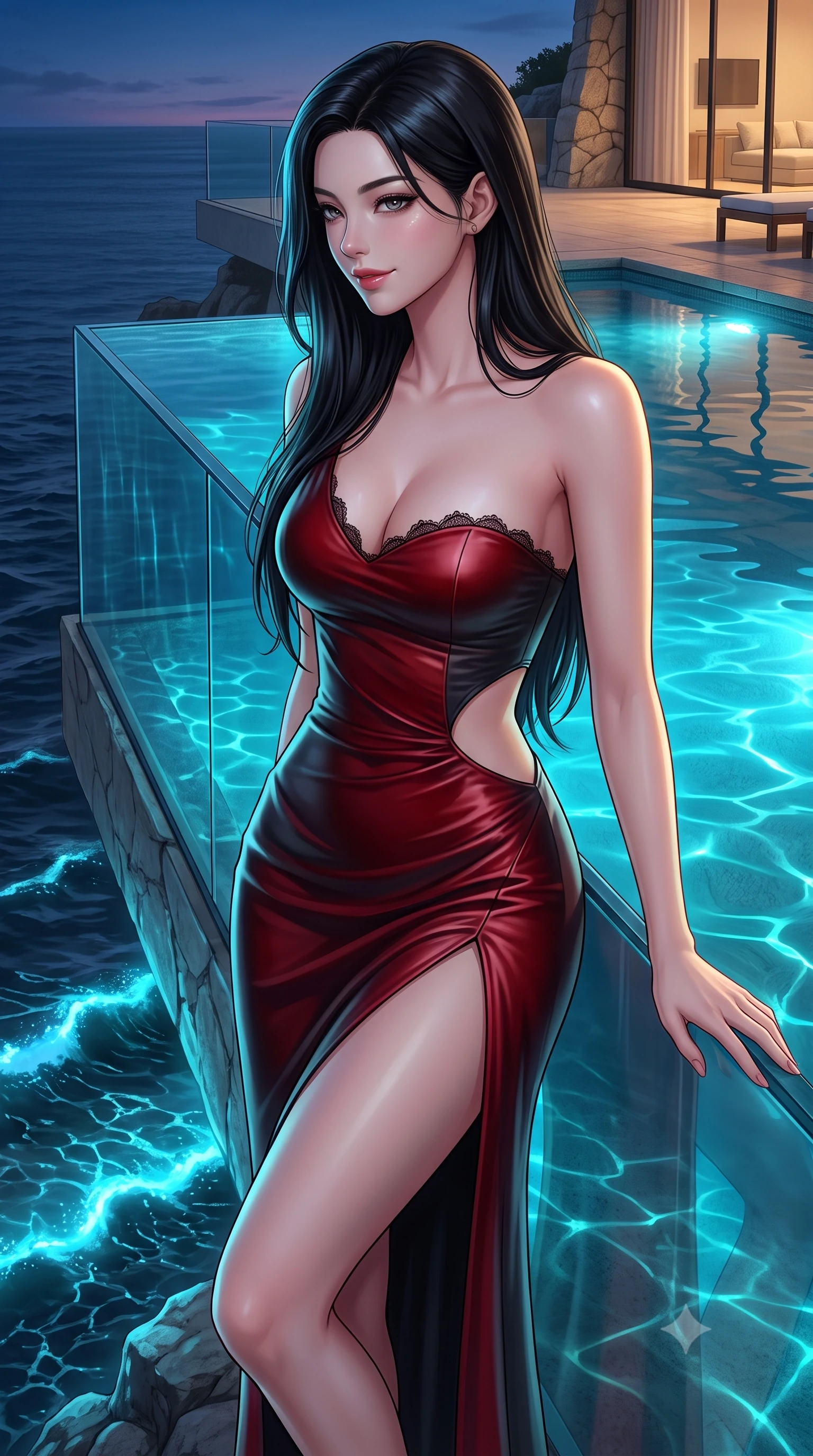 score_9, masterpiece, best quality, ultra-detailed, high-budget anime keyframe, semi-realistic 3D game render, editorial fashion photography, tasteful artistic composition, Korean woman. close-up cowboy shot from the waist and thighs up, the character dominates the composition, filling the frame with her large presence. turning slowly with an enchanting smoldering smile, her dewy hair brushing bare shoulders as her hips angle gracefully in a captivating contrapposto while leaning against the infinity glass pool wall cantilevered over the ocean with hips cocked back, looking back with an intoxicating, smoldering bedroom-smile. The surrounding environment is rendered in vivid detail and crisp panoramic clarity: sharp glass infinity edge rim reflections, limestone texture, and glowing bioluminescent wave crests in deep focus. She has an exceptionally elegant, slender, and willowy female figure with an ultra-slim waist, flat toned midriff, narrow ribcage, and sculpted feminine hips creating an alluring, slim hourglass silhouette without bulk. sharp v-shaped jawline, high-bridge nose, sparkling eyes with hypnotic seductive depth, thick curled eyelashes, glossy parted lips with a natural dewy peach sheen, alluring bedroom-eyes with an enchanting coquettish smile, exuding magnetic siren charisma and sophisticated high-fashion glamour, flawlessly proportioned anatomical accuracy, strict slender model proportions, natural body alignment, perfectly sculpted long slender limbs, ultra-slim waistline, clean dynamic posture without body distortion. wearing an asymmetric one-shoulder liquid jersey gown with dramatic hip-high slit and waist cutout in rich cherry lacquer and smoky charcoal, woven from buttery-soft stretch lambskin leather adhering to her body like a second skin, finished with scalloped eyelash lace trim framing her sweetheart neckline with intimate elegance, the liquid-tight tailored fabric clinging flawlessly to her narrow waist and rounded feminine hips, emphasizing every millimeter of her sculpted slim hourglass curves without any bulky heaviness. bathed in eerie glowing cyan bioluminescence from the water mixed with warm villa patio lighting. highly saturated vibrant anime colors, detailed shading with soft gradients, rich glossy textures, high-contrast stereoscopic depth, volumetric dynamic lighting, master piece, 9:16 ratio