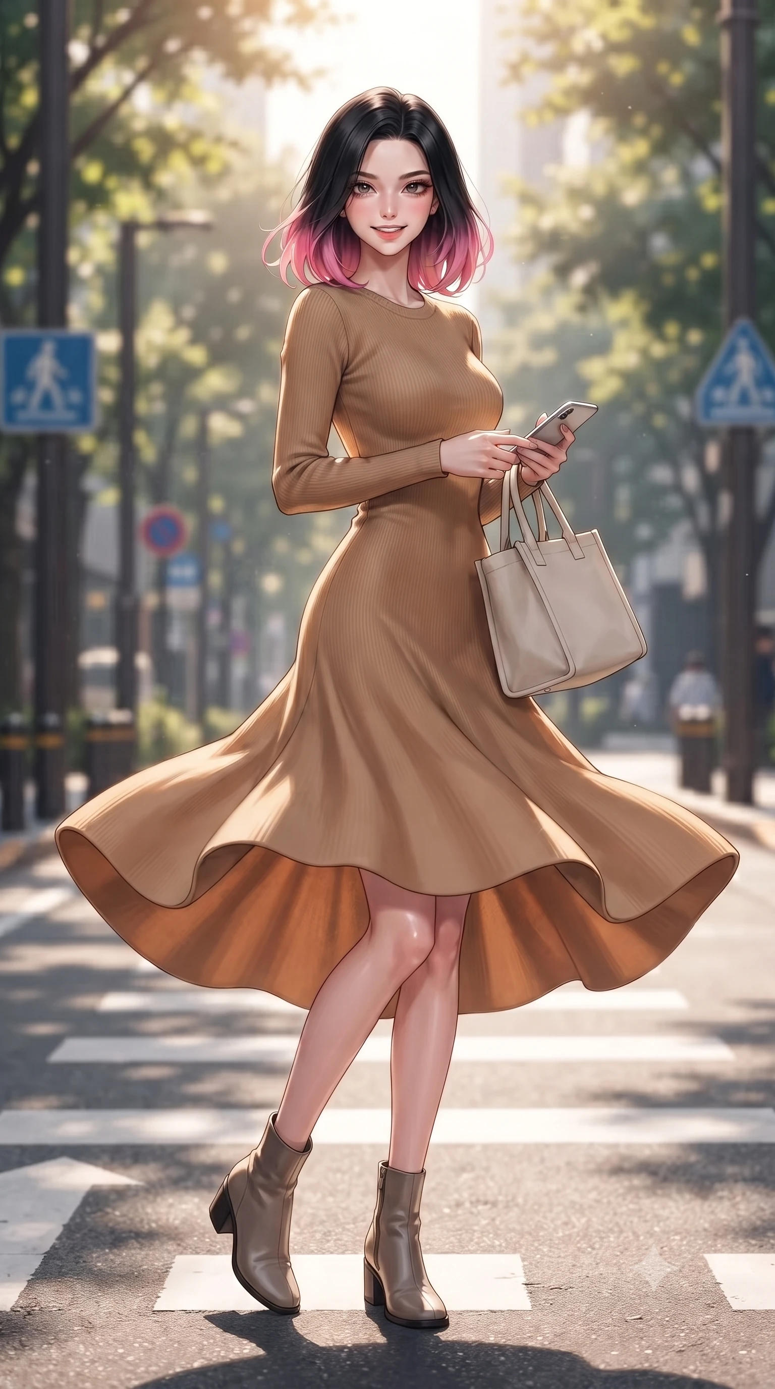 score_9, masterpiece, best quality, ultra-detailed, high-budget anime keyframe, editorial fashion photography, tasteful artistic composition, Korean woman. low angle full-body shot from head to toe showing her feet, filling the entire 9:16 vertical frame with her statuesque presence, stretching her vertical silhouette. twirling around with a playful, cute laugh, her skirt billowing beautifully in the air set against a soft-focus background of on a modern city street crossing with sleek crosswalk markings and signs carrying a chic canvas tote bag and a smart phone in her hand. She has an absolutely perfect, statuesque 8.5-heads proportion, an exceptionally tall and slender model-like female figure with impossibly long slender legs and an ultra-slim waist. sharp v-shaped jawline, high-bridge nose, intricate jewel-like eyes with depth, thick eyelashes, glossy lips with a natural sheen. wearing form-contouring sleek, body-hugging long-sleeve knit dress in camel, outlining her slender silhouette. dappled sunlight filtering through the street trees, casting soft shadows. ultra-reflective glossy finish, specular highlights, metallic sheen, high-contrast stereoscopic depth, volumetric dynamic lighting, 2k, ultra detail, master piece, 9:16 ratio