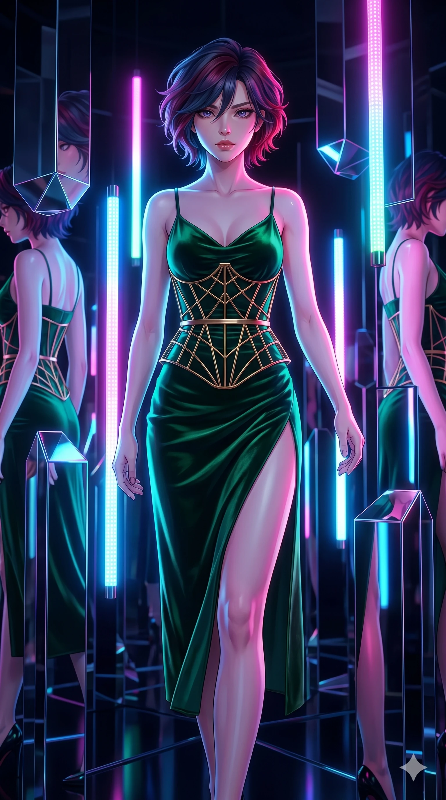 score_9, masterpiece, best quality, ultra-detailed, high-budget anime keyframe, Japanese woman. upper body close-up from the thighs up, character filling the screen for maximum presence. navigating a kinetic light-sculpture mirror maze, passing between floating chromium mirror pillars and rotating LED sticks. She has an absolutely perfect 8-heads proportion, an exceptionally tall and slender female figure with impossibly long slender legs and an ultra-slim waist. V-shaped jawline, high-bridge nose, intricate jewel-like eyes with depth, thick eyelashes, glossy lips with a natural sheen.. wearing a mathematical gold wire cage corset and an emerald green silk velvet slip dress with a thigh-high side slit. bathed in brilliant cinematic volumetric lighting and intense neon rim light highlighting her slender form. 2k, ultra detail, master piece, 9:16 ratio