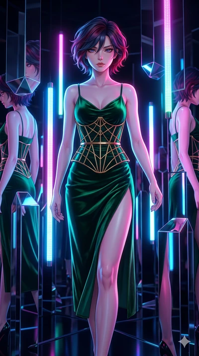 score_9, masterpiece, best quality, ultra-detailed, high-budget anime keyframe, Japanese woman. upper body close-up from the thighs up, character filling the screen for maximum presence. navigating a kinetic light-sculpture mirror maze, passing betwe