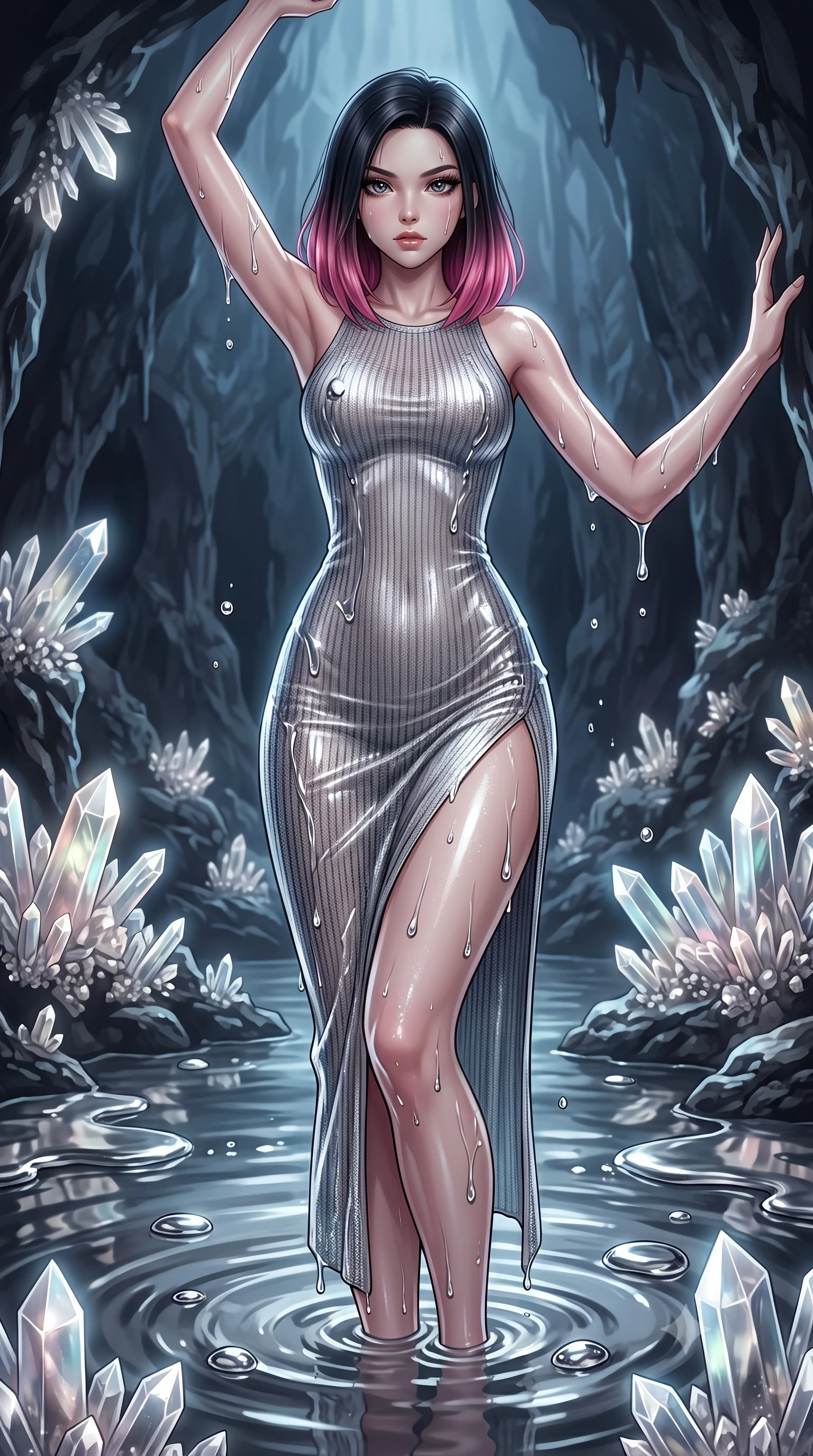 score_9, masterpiece, best quality, ultra-detailed, High-budget Anime Keyframe, East Asian woman. Dynamic full-body shot stretching the vertical silhouette to the limit. Scenario 330: rising from a pool of mercury-like liquid, droplets rolling off her skin, in an underground cave lined with glowing quartz crystals and deep pools. Her presence is magnetic and overpowering in this high-budget anime scene. Outfit 330: a slim-fit ribbed bodycon knit mesh with a thigh-high slit and wet-look texture. The clothing is designed to emphasize her exceptionally tall and slender 8-heads proportion. 8-heads proportion, towering silhouette, ultra-slim waist. sharp v-shaped jawline, intricate jewel-like eyes with depth, thick eyelashes, glossy lips. 2k, ultra detail, master piece, 9:16 ratio