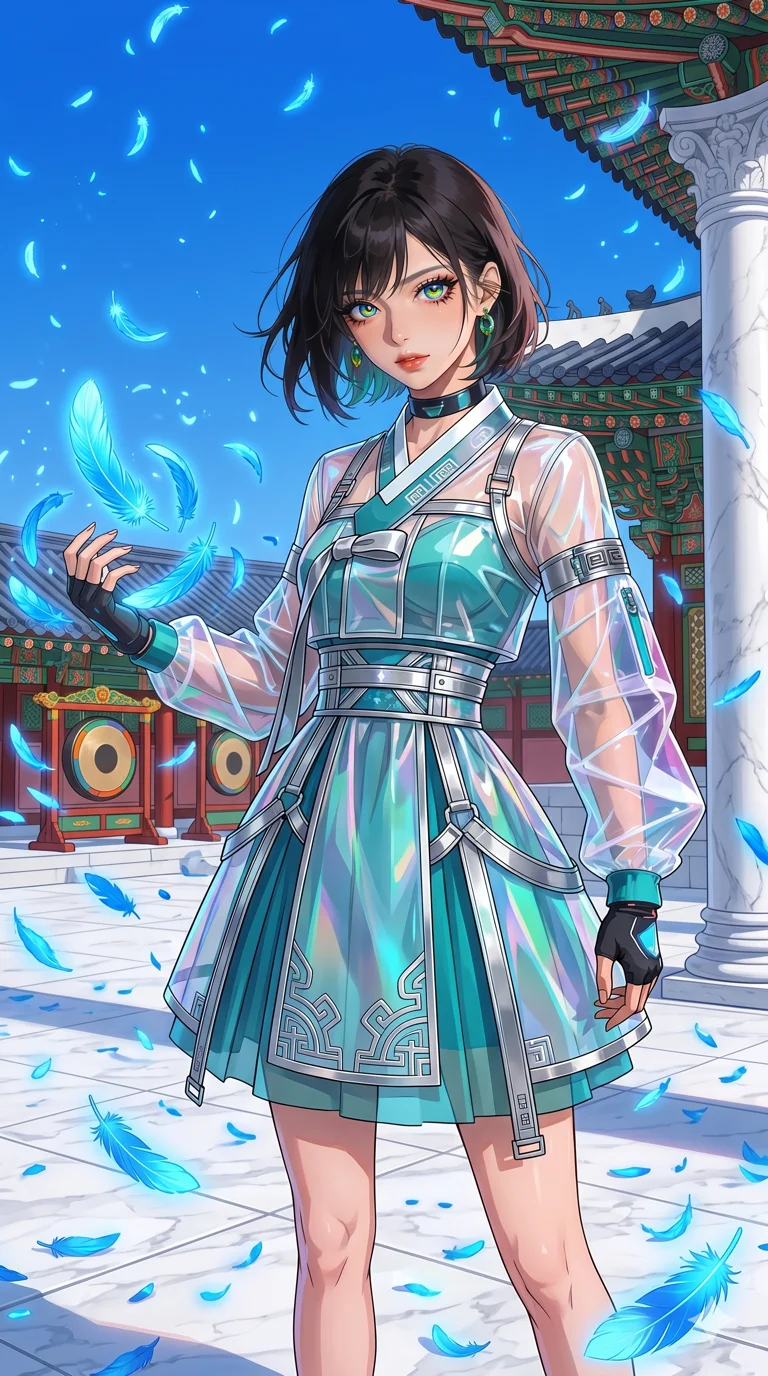 score_9, masterpiece, best quality, ultra-detailed, High-budget Anime Keyframe, beautiful Korean anime girl. Upper body close-up from the thighs up, character filling the screen for maximum presence. Standing in a rain of blue feathers in a white marble courtyard under a clear sapphire sky. She has an absolutely perfect 8-heads proportion, an exceptionally tall and slender female figure with impossibly long slender legs and an ultra-slim waist. Sharp v-shaped jawline, high-bridge nose, intricate jewel-like eyes with depth, thick eyelashes, glossy lips with a natural sheen. Wearing a Modern Traditional outfit: fusion tech-hanbok with transparent panels and metallic silver straps. Background is a bright and colorful palace with white columns and thousands of glowing blue feathers. 2k, ultra detail, master piece, 9:16 ratio