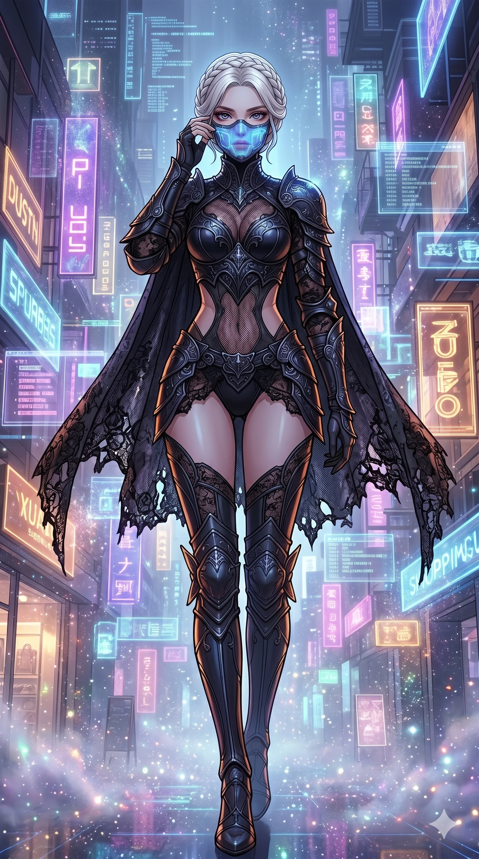score_9, masterpiece, best quality, ultra-detailed, high-budget anime movie keyframe, cinematic anime lighting, intricate line art, Korean woman. Low angle cowboy shot filling the entire 9:16 frame with her statuesque presence. adjusting a glowing mask in a holographic shopping mall in a mist of stardust. She has an absolutely perfect 8-heads proportion, an exceptionally tall and slender female figure with an ultra-slim waist and impossibly long slender legs. sharp v-shaped jawline, high-bridge nose, intricate jewel-like eyes, thick eyelashes, glossy lips. Wearing dark fantasy gothic leather armor with ornate obsidian plates, a tattered lace cape, and sheer mesh cut-outs at the midriff, exuding a mysterious allure. The scene is illuminated by dramatic atmospheric lighting and vibrant color palettes. , 2k, ultra detail, master piece, 9:16 ratio