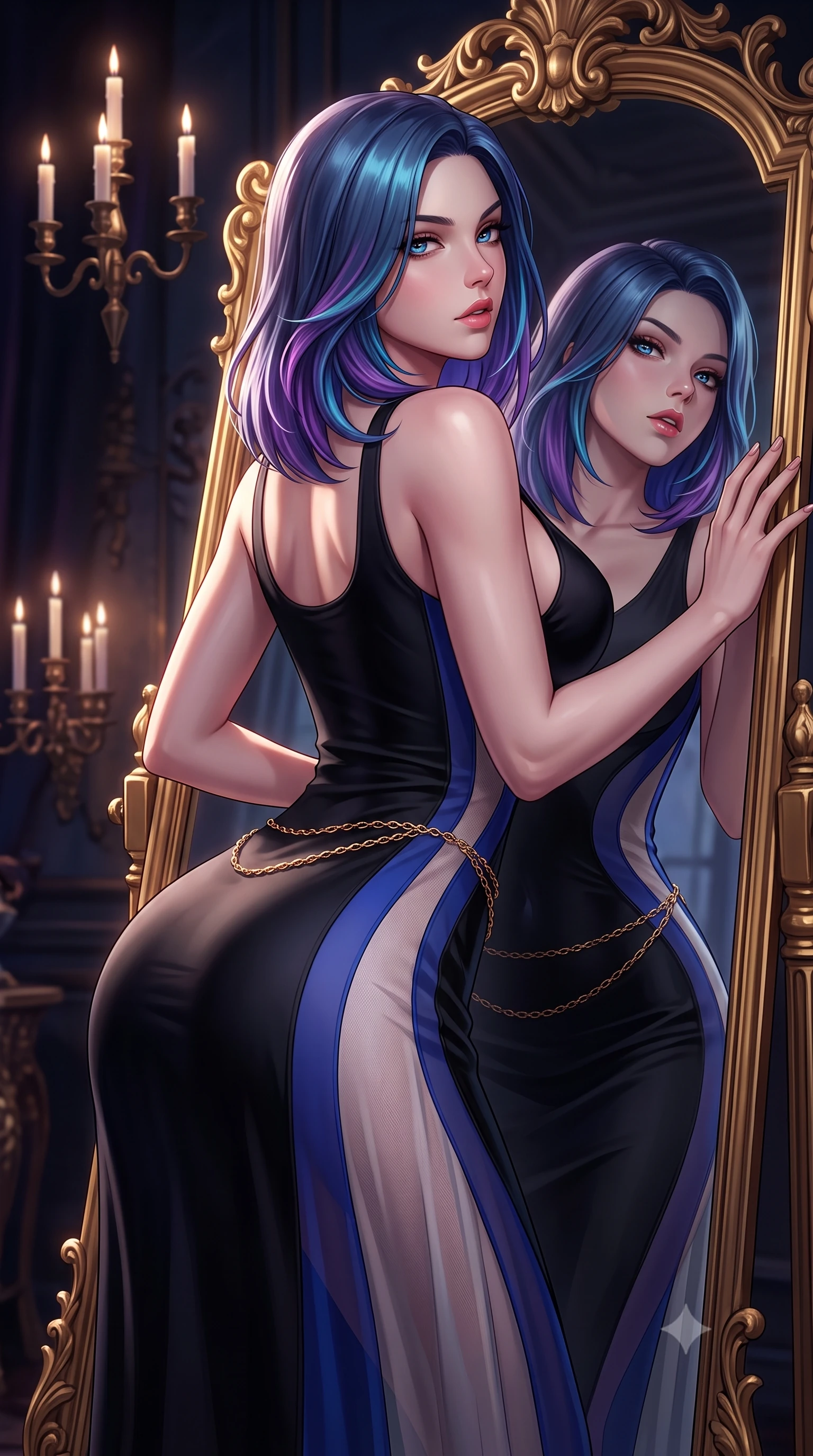 score_9, masterpiece, best quality, ultra-detailed, high-budget anime keyframe, semi-realistic 3D game render, editorial fashion photography, tasteful artistic composition, Caucasian woman. close-up cowboy shot from the waist and thighs up, the character dominates the composition, filling the frame with her large presence. leaning back with relaxed seductive grace, her sculpted collarbones and narrow waist highlighted as she casts smoldering bedroom-eyes directly into the camera while leaning against an ornate gilded floor mirror surrounded by floating candelabras, looking over her shoulder at her own reflection with parted glossy lips. The surrounding environment is rendered in vivid detail and crisp panoramic clarity. intense theatrical chiaroscuro and decadent gothic romance aesthetics rendered with precision. She has an exceptionally elegant, slender, and willowy female figure with an ultra-slim waist, flat toned midriff, narrow ribcage, and sculpted feminine hips creating an alluring, slim hourglass silhouette without bulk. sharp v-shaped jawline, high-bridge nose, intricate jewel-like eyes with depth, thick eyelashes, glossy parted lips with a natural sheen, intensely captivating and seductive bedroom-eyes expression, flawlessly proportioned anatomical accuracy, strict slender model proportions, natural body alignment, perfectly sculpted long slender limbs, ultra-slim waistline, clean dynamic posture without body distortion. wearing a second-skin black silk jersey maxi dress with asymmetrical sheer mesh side panels tracing the full curve of her hip in royal sapphire blue and brushed platinum, woven from layered gossamer chiffon with a weightless sweeping drape, accented with a delicate gold chain belt resting loosely on her curvy hips, the liquid-tight tailored fabric clinging flawlessly to her narrow waist and rounded feminine hips, emphasizing every millimeter of her sculpted slim hourglass curves without any bulky heaviness. illuminated by rich specular rim lights defining her razor-sharp jawline, narrow waist, and curvy hips. highly saturated vibrant anime colors, detailed shading with soft gradients, rich glossy textures, high-contrast stereoscopic depth, volumetric dynamic lighting, master piece, 9:16 ratio