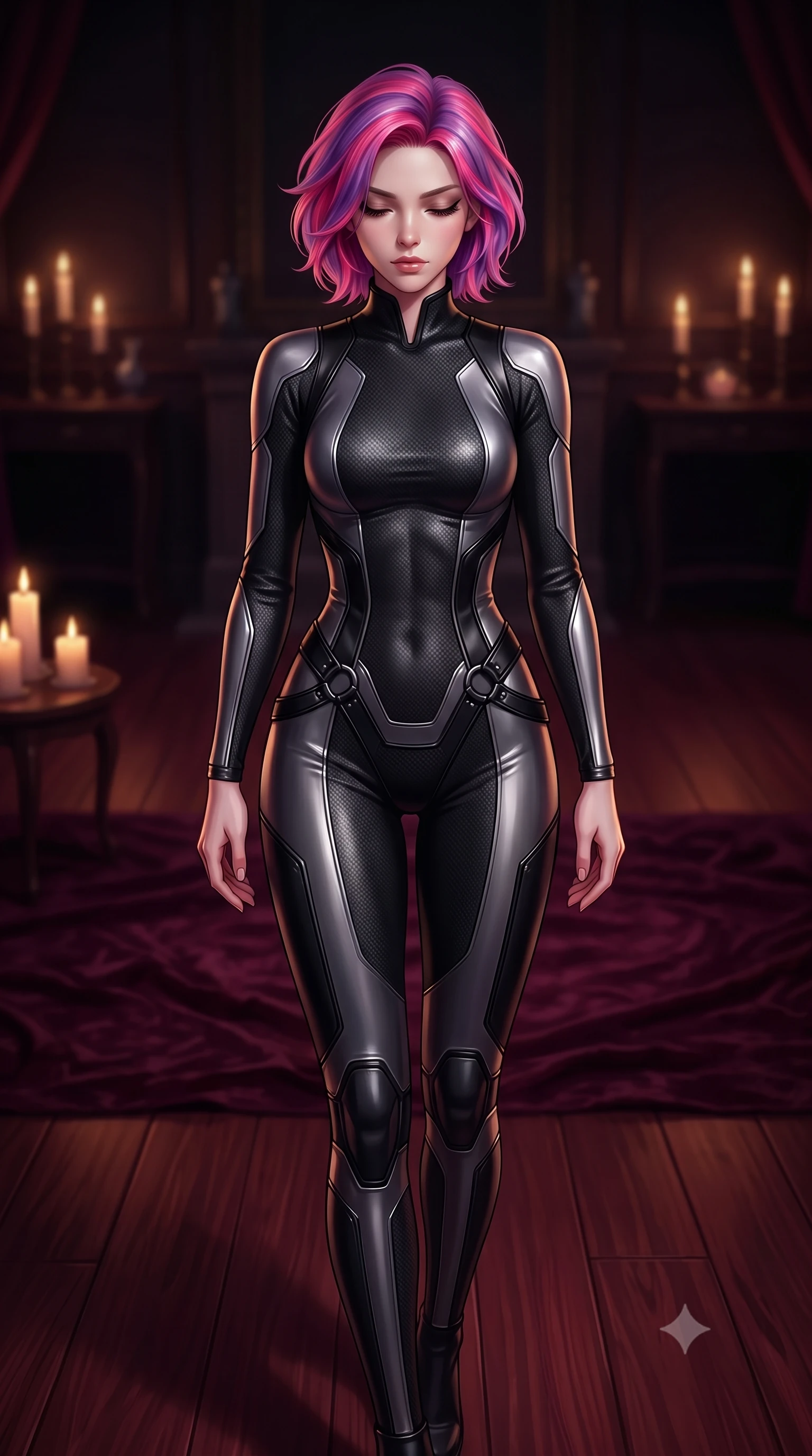 score_9, masterpiece, best quality, ultra-detailed, high-budget anime keyframe, editorial fashion photography, tasteful artistic composition, Caucasian woman. close-up cowboy shot from the waist and thighs up, the character dominates the composition, filling the frame with her large presence, background elements kept in soft focus. Looking down with lowered lashes and a composed, powerful dark aura, walking across a polished dark wood floor wrapped in deep burgundy shadows, crushed velvet rug swallowing surrounding light into soft warm shadows. She has an exceptionally elegant, slender, and willowy female figure with an ultra-slim waist, a gracefully sculpted slender torso, and a refined silhouette. sharp v-shaped jawline, high-bridge nose, intricate jewel-like eyes with depth, thick eyelashes, glossy lips with a natural sheen. wearing second-skin matte carbon-fiber combat suit in onyx black in metallic dark silver, made of polished black leather, trimmed with dark chrome ring hardware along the waist contours, highlighting her statuesque proportions and ultra-slim waistline. lit by low-key flickering candle rays contrasting with room darkness. highly saturated vibrant anime colors, detailed shading with soft gradients, rich glossy textures, high-contrast stereoscopic depth, volumetric dynamic lighting, master piece, 9:16 ratio