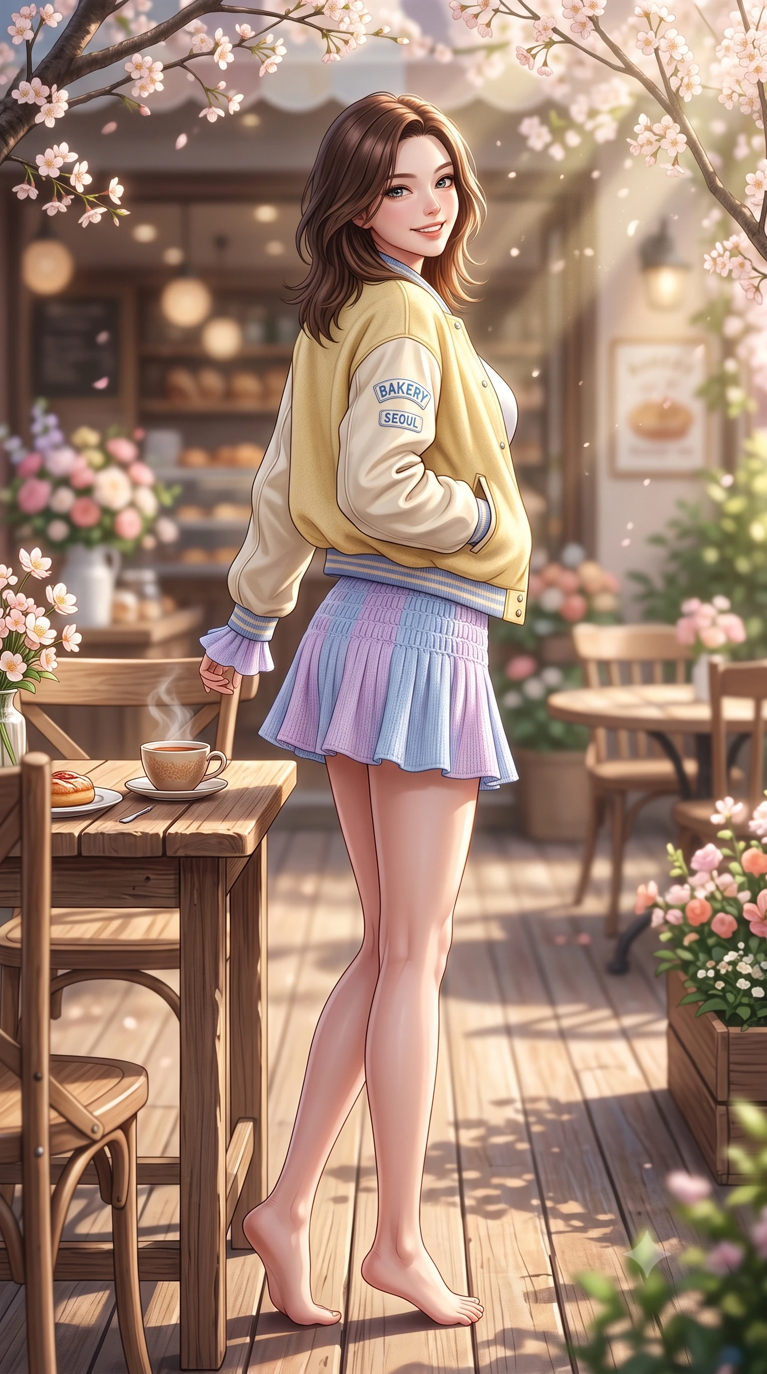 score_9, masterpiece, best quality, ultra-detailed, high-budget anime keyframe, editorial fashion photography, tasteful artistic composition, Korean woman. low angle full-body shot from head to toe showing her feet, filling the entire 9:16 vertical frame with her statuesque presence, stretching her vertical silhouette. pivoting dynamically with a fresh infectious smile, her ultra-slim waist creating a sweeping fluid curve while sitting gracefully at a sunlit wooden terrace table of a cozy bakery with a steaming cup of tea. The composition keeps background elements in soft focus with dreamy bokeh. sunlit outdoor cafe tables and decorative bloom displays blurring into gentle warm background light. She has an absolutely perfect, statuesque 8.5-heads proportion, an exceptionally tall and slender model-like female figure with impossibly long slender legs and an ultra-slim waist. sharp v-shaped jawline, high-bridge nose, intricate jewel-like eyes with depth, thick eyelashes, glossy lips with a natural sheen, flawlessly proportioned anatomical accuracy, natural body alignment, perfectly sculpted elegant limbs, clean dynamic posture without body distortion. wearing a chic urban pastel yellow varsity jacket, fitted white tee, and tennis skirt in soft pastel lavender and sky blue, knitted from soft cozy cashmere yarn, accented with soft smocked details and fluttery cuffs, the chic real-way fashion cut emphasizing her effortless charm. illuminated by gentle sunbeams streaming through blooming flower branches. highly saturated vibrant anime colors, detailed shading with soft gradients, rich glossy textures, high-contrast stereoscopic depth, volumetric dynamic lighting, master piece, 9:16 ratio