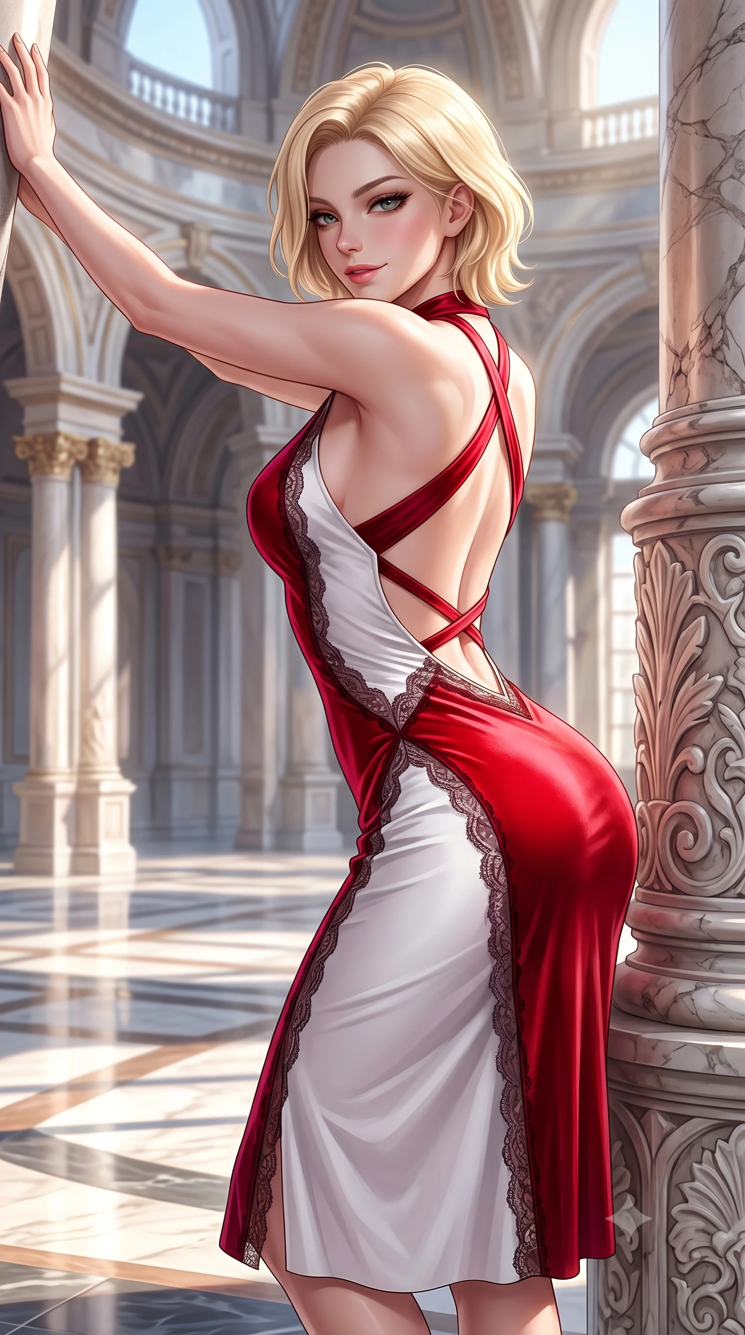 score_9, masterpiece, best quality, ultra-detailed, high-budget anime keyframe, semi-realistic 3D game render, editorial fashion photography, tasteful artistic composition, Caucasian woman. close-up cowboy shot from the waist and thighs up, the character dominates the composition, filling the frame with her large presence. stretching forward with an alluring arch of her spine, glancing over her shoulder with thick eyelashes and a smoldering half-smile while resting against an intricately carved marble column with a sovereign, captivating smile looking directly into the lens. The surrounding environment is rendered in vivid detail and crisp panoramic clarity. intense natural daylight refractions and panoramic monumental architecture captured with environmental sharpness. She has an exceptionally elegant, slender, and willowy female figure with an ultra-slim waist, a gracefully sculpted slender torso, toned flat midriff, and a refined slim silhouette. sharp v-shaped jawline, high-bridge nose, intricate jewel-like eyes with depth, thick eyelashes, glossy lips with a natural sheen, flawlessly proportioned anatomical accuracy, strict slender model proportions, natural body alignment, perfectly sculpted long slender limbs, ultra-slim waistline, clean dynamic posture without body distortion. wearing a velvet halter-neck midi dress fitting her statuesque contour flawlessly with a Tasteful chest slit and open spine in radiant crimson silk and crisp snow white, crafted from delicate dark lace interwoven with luminescent micro-fibers, complemented by criss-cross back straps highlighting her completely bare spine, the form-contouring material adhering flawlessly to her sculpted flat midriff and slender torso, emphasizing her long leg lines and perfectly proportioned willowy build. surrounded by a majestic, radiant, and intensely alluring solar goddess atmosphere. highly saturated vibrant anime colors, detailed shading with soft gradients, rich glossy textures, high-contrast stereoscopic depth, volumetric dynamic lighting, master piece, 9:16 ratio