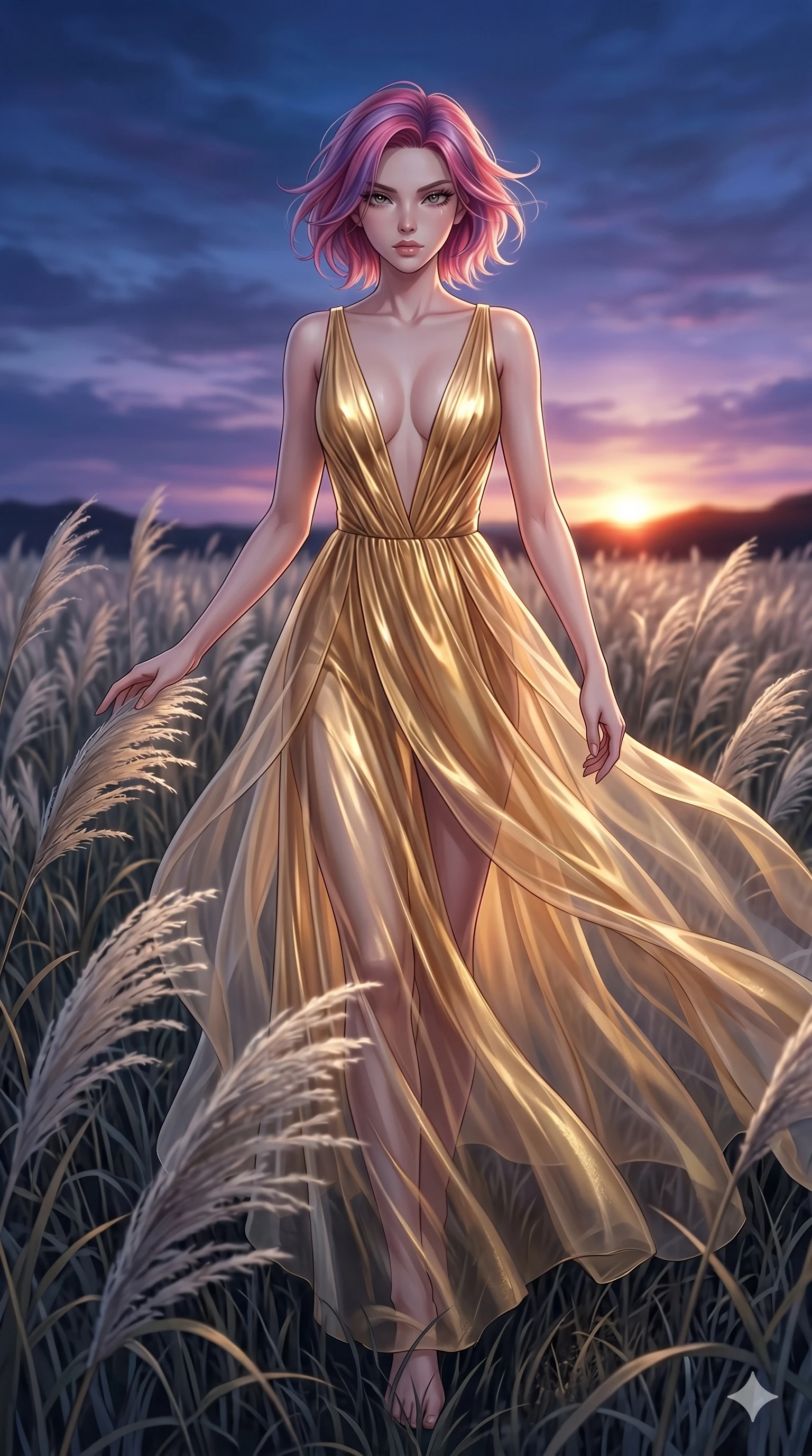 score_9, masterpiece, best quality, ultra-detailed, High-budget Anime Keyframe, East Asian woman. Dynamic full-body shot stretching the vertical silhouette to the limit. Scenario 208: Walking through a field of tall silver grass at twilight. Her presence is magnetic and overpowering in this high-budget anime scene. Outfit 208: A molten liquid silk gold with a plunging V-neckline and translucent layers. The clothing is designed to emphasize her exceptionally tall and slender 8-heads proportion. 8-heads proportion, towering silhouette, ultra-slim waist. sharp v-shaped jawline, intricate jewel-like eyes with depth, thick eyelashes, glossy lips. 2k, ultra detail, master piece, 9:16 ratio