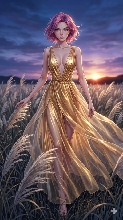 score_9, masterpiece, best quality, ultra-detailed, High-budget Anime Keyframe, East Asian woman. Dynamic full-body shot stretching the vertical silhouette to the limit. Scenario 208: Walking through a field of tall silver grass at twilight. Her pres