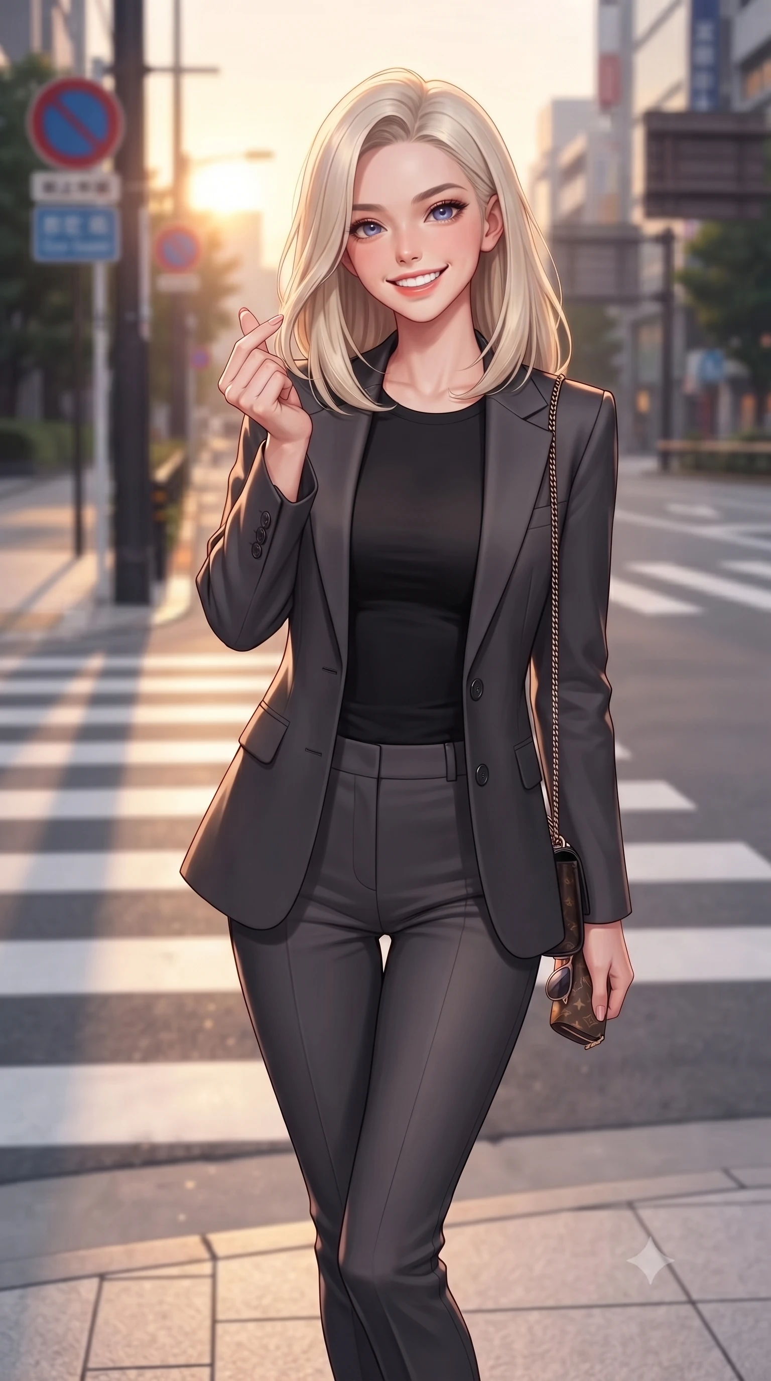 score_9, masterpiece, best quality, ultra-detailed, high-budget anime keyframe, editorial fashion photography, tasteful artistic composition, Caucasian woman. close-up cowboy shot from the waist and thighs up, the character dominates the composition, filling the frame with her large presence, background elements kept in soft focus. flashing a bright, sunny grin, holding her fingers in a cute small heart shape set against a soft-focus background of on a modern city street crossing with sleek crosswalk markings and signs holding a cute designer sunglasses case and a small chain bag. She has an exceptionally elegant, slender, and willowy female figure with an ultra-slim waist, a gracefully sculpted slender torso, and a refined silhouette. sharp v-shaped jawline, high-bridge nose, intricate jewel-like eyes with depth, thick eyelashes, glossy lips with a natural sheen. wearing form-contouring tight-fitting tailored blazer in charcoal, closed over a body-hugging black top and slim trousers. golden hour sunset light casting long shadow lines on the concrete pavement. highly saturated vibrant anime colors, detailed shading with soft gradients, rich glossy textures, high-contrast stereoscopic depth, volumetric dynamic lighting, master piece, 9:16 ratio