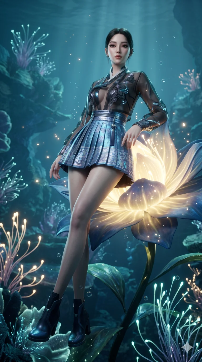score_9, masterpiece, best quality, ultra-detailed, Semi-realistic 3D Game Render, high-fidelity character model, intricate textures, dynamic particle effects, Unreal Engine 5 aesthetic, crisp 3D depth, Korean woman with idol-like refined features. Dynamic full-body shot stretching the vertical silhouette, capturing her from a powerful low-angle perspective. Resting against a giant glowing flower that emits a soft, pulse-like light. She has an absolutely perfect 8-heads proportion, an exceptionally tall and slender female figure with impossibly long slender legs and an ultra-slim waist, her statuesque height and towering silhouette dominating the vertical 9:16 frame. Her face is a masterpiece featuring a sharp v-shaped jawline, high-bridge nose, intricate jewel-like eyes with depth, thick eyelashes, and glossy lips with a natural sheen. She is wearing a Shortened cyber-hanbok skirt with a transparent jeogori, deep plunging neckline, and traditional silk patterns printed on modern tech-fabrics.. The scene is set in an underwater Eden where the plants are made of light and fiber-optics. 2k, ultra detail, master piece, 9:16 ratio