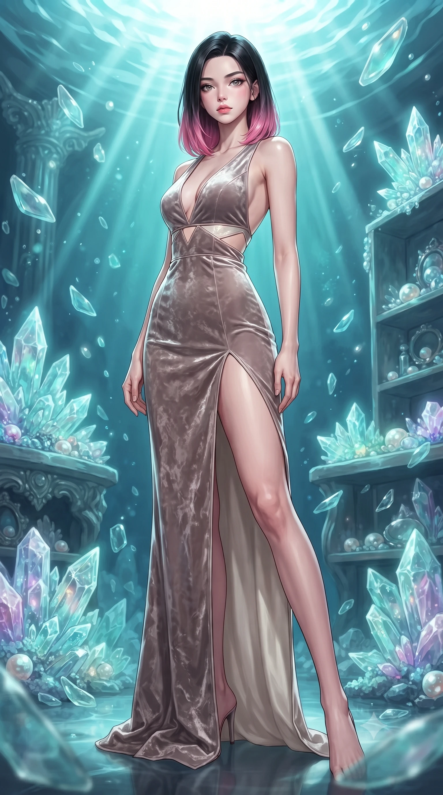 score_9, masterpiece, best quality, ultra-detailed, high-budget anime keyframe, editorial fashion photography, tasteful artistic composition, Korean woman. low angle full-body shot from head to toe showing her feet, filling the entire 9:16 vertical frame with her statuesque presence, stretching her vertical silhouette. navigating the luminous space with effortless poise, displaying her perfect model proportions standing beside a pearl archive sanctuary filled with glowing sea crystals, translucent sea glass fragments drifting gracefully around her. She has an absolutely perfect, statuesque 8.5-heads proportion, an exceptionally tall and slender model-like female figure with impossibly long slender legs and an ultra-slim waist. sharp v-shaped jawline, high-bridge nose, intricate jewel-like eyes with depth, thick eyelashes, glossy lips with a natural sheen. wearing a backless crushed velvet gown with a deep V-neckline and high thigh slit in muted taupe and soft ivory, made of premium stretch velvet with a rich sheen, featuring subtle geometric cutouts that highlight her ultra-slim midriff, the form-contouring material highlighting her ultra-slim waist and long lines. bathed in brilliant underwater sunbeams and soft turquoise caustic glow. ultra-reflective glossy finish, specular highlights, metallic sheen, high-contrast stereoscopic depth, volumetric dynamic lighting, 2k, ultra detail, master piece, 9:16 ratio