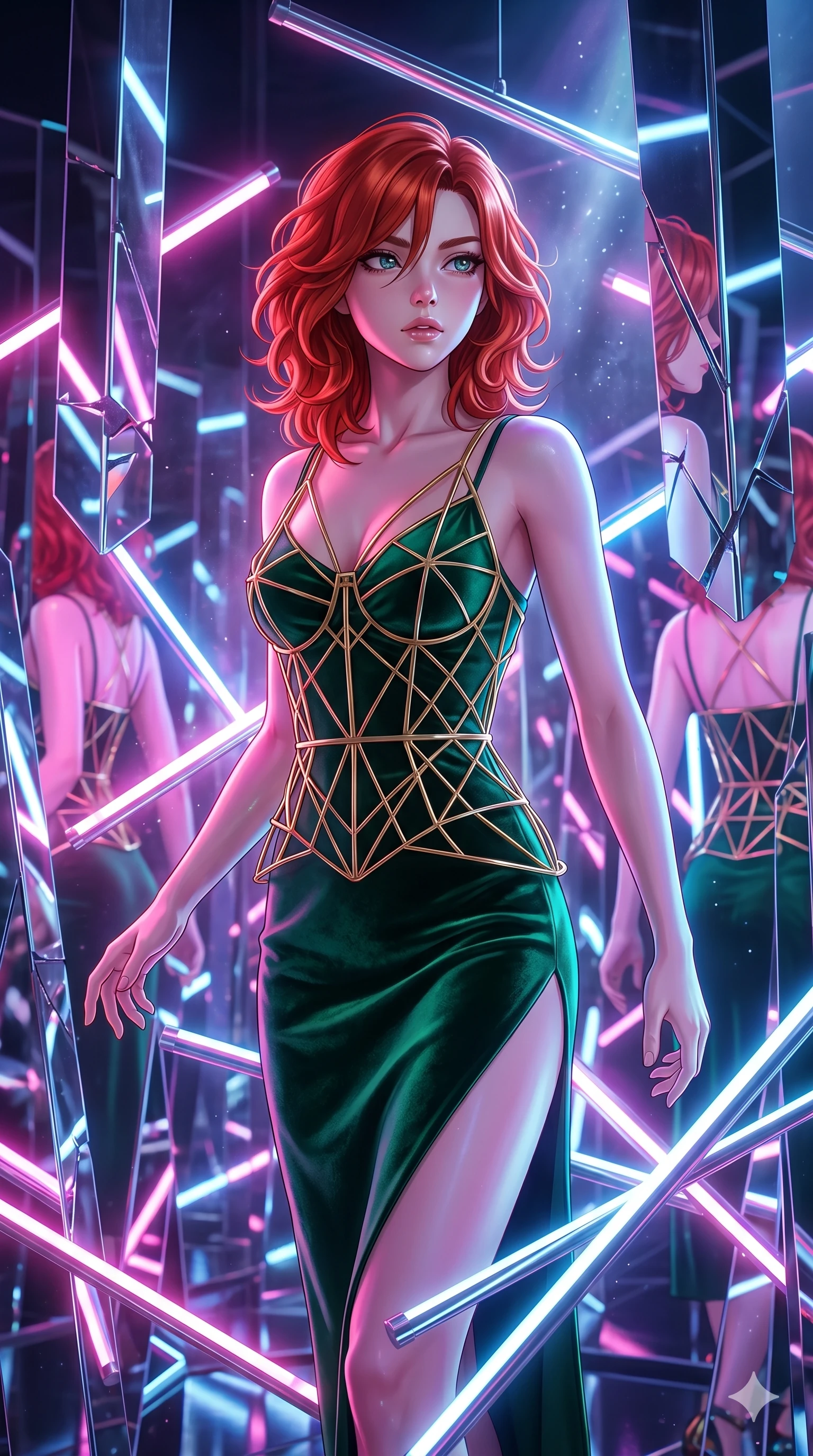 score_9, masterpiece, best quality, ultra-detailed, high-budget anime keyframe, Japanese woman. upper body close-up from the thighs up, character filling the screen for maximum presence. navigating a kinetic light-sculpture mirror maze, passing between floating chromium mirror pillars and rotating LED sticks. She has an absolutely perfect 8-heads proportion, an exceptionally tall and slender female figure with impossibly long slender legs and an ultra-slim waist. V-shaped jawline, high-bridge nose, intricate jewel-like eyes with depth, thick eyelashes, glossy lips with a natural sheen.. wearing a mathematical gold wire cage corset and an emerald green silk velvet slip dress with a thigh-high side slit. bathed in brilliant cinematic volumetric lighting and intense neon rim light highlighting her slender form. 2k, ultra detail, master piece, 9:16 ratio