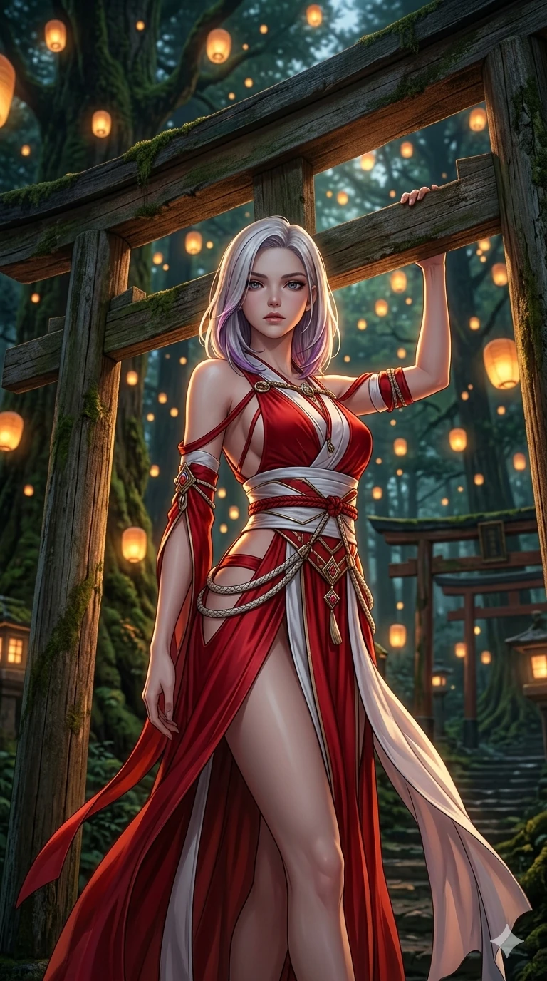 score_9, masterpiece, best quality, ultra-detailed, high-budget anime keyframe, editorial fashion photography, tasteful artistic composition, Caucasian woman, strictly human ears. cowboy shot from the thighs up, character and outfit filling the frame for maximum editorial presence. resting one hand on a wooden torii gate, casting a bedroom-eyes gaze directly at the lens in a sacred shinto forest with golden floating lanterns at dusk (Code-P16-143). She has an absolutely perfect 8-heads proportion, an exceptionally tall and slender female figure with impossibly long slender legs and an ultra-slim waist. V-shaped jawline, high-bridge nose, intricate jewel-like eyes with depth, thick eyelashes, glossy lips with a natural sheen. wearing a modern red and white fusion shrine maiden dress with dramatic waist cutouts and straps. warm golden light from the floating lanterns, tracing the elegant curves of her neck. 2k, ultra detail, master piece, 9:16 ratio