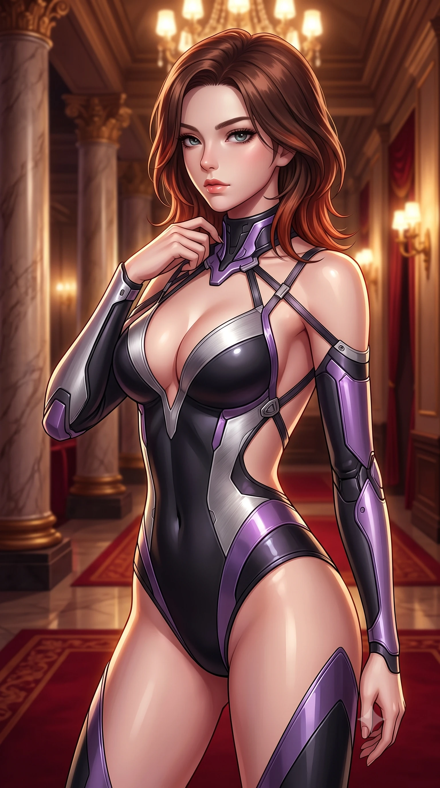 score_9, masterpiece, best quality, ultra-detailed, high-budget anime keyframe, editorial fashion photography, tasteful artistic composition, Korean woman. close-up cowboy shot from the waist and thighs up, the character dominates the composition, filling the frame with her large presence, background elements kept in soft focus. adjusting the high collar of her body-hugging suit, looking past the camera with quiet, sharp focus and a composed expression, the background shows a soft-focus a grand theater corridor with marble columns and red carpets under chandeliers. She has an exceptionally elegant, slender, and willowy female figure with an ultra-slim waist, a gracefully sculpted slender torso, and a refined silhouette. sharp v-shaped jawline, high-bridge nose, intricate jewel-like eyes with depth, thick eyelashes, glossy lips with a natural sheen. wearing a tailored low-cut cybernetic bodysuit with open-back design and thin structural straps crossing her bare shoulder blades. multiple warm ambient lights reflecting off polished marble and brass. highly saturated vibrant anime colors, detailed shading with soft gradients, rich glossy textures, high-contrast stereoscopic depth, volumetric dynamic lighting, master piece, 9:16 ratio