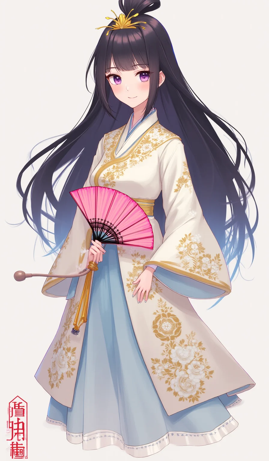 A minimalist digital illustration of a confident K-POP idol-inspired female character with long, flowing hair, wearing a modernized hanbok with intricate gold and white floral patterns, holding a traditional Korean folding fan glowing with vibrant neon pink and electric blue accents.