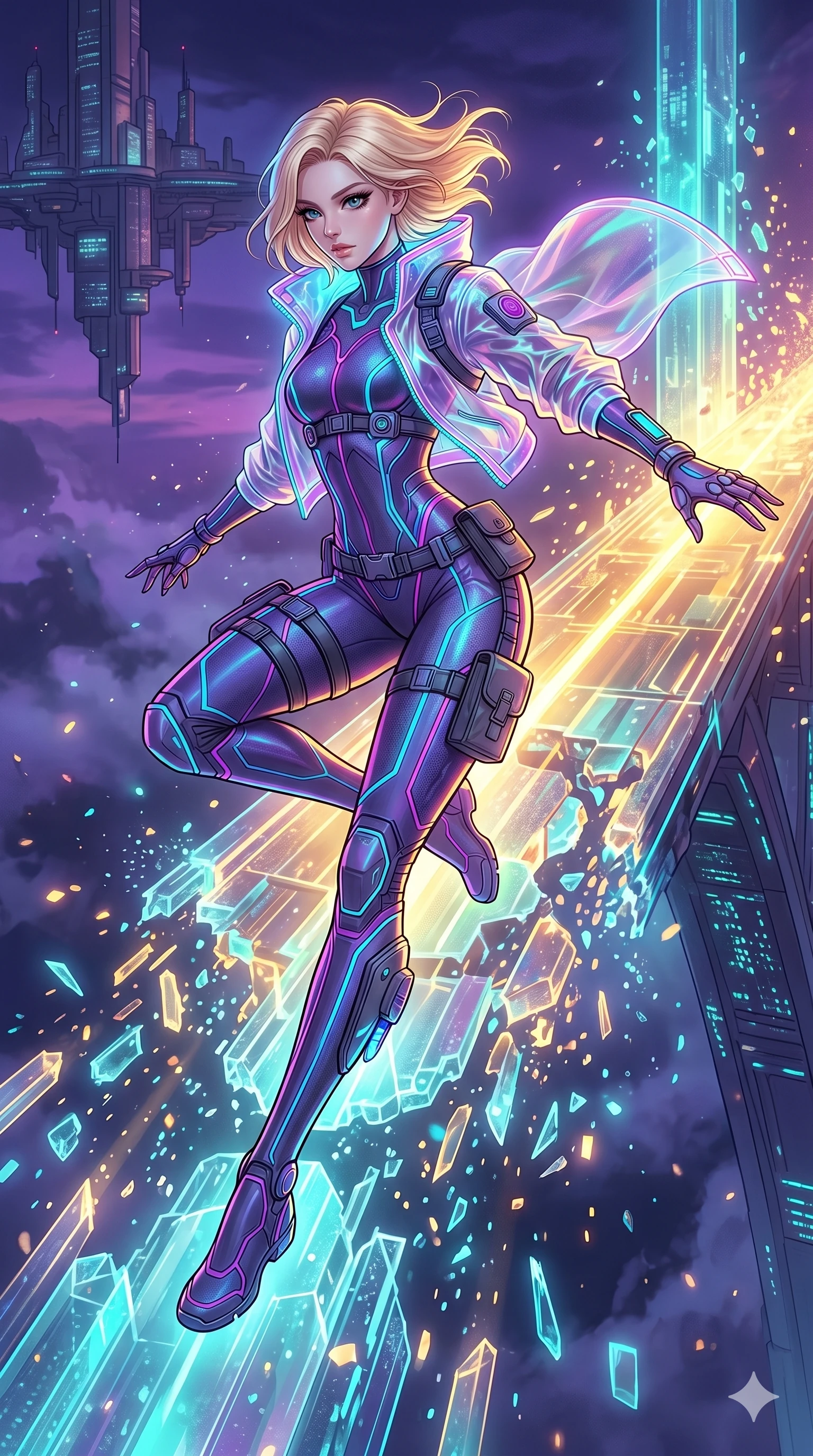 score_9, masterpiece, best quality, ultra-detailed, high-budget anime movie keyframe, cinematic anime lighting, intricate line art, Korean woman. Mid-air action shot capturing a graceful twist and vertical silhouette. dashing across a bridge of light as it collapses behind her. She has an absolutely perfect 8-heads proportion, an exceptionally tall and slender female figure with graceful and slender proportions. strictly human anatomy, two legs only, no extra limbs, clearly defined legs and arms, perfect anatomy, perfect hands and fingers. sharp v-shaped jawline, high-bridge nose, intricate jewel-like eyes, thick eyelashes, glossy lips. Wearing Tech-Fantasy: Cybernetic tech-suit with glowing seams, translucent jacket over a bodysuit, and modular tactical gear. The scene is illuminated by dramatic atmospheric lighting and vibrant color palettes. , 2k, ultra detail, master piece, 9:16 ratio