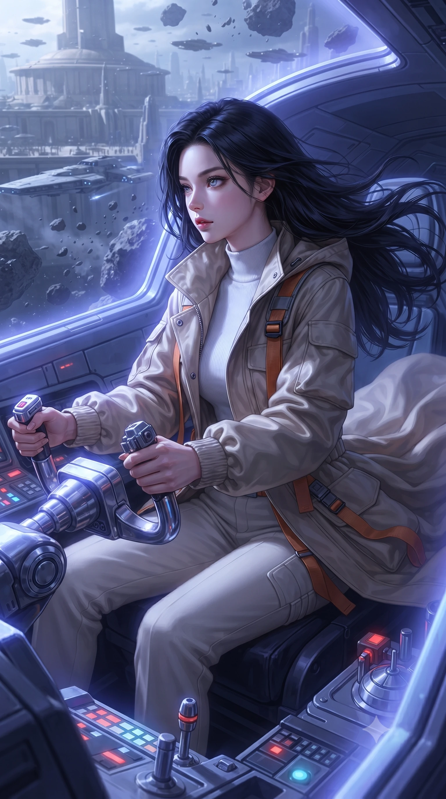 score_9, masterpiece, best quality, ultra-detailed, high-budget anime keyframe, editorial fashion photography, tasteful artistic composition, realistic cosplay photography, Korean woman. close-up cowboy shot from the waist and thighs up, the character dominates the composition, filling the frame with her large presence, background elements kept in soft focus. Piloting a starfighter through a tight asteroid gap, hands tight on the flight yoke, looking sharply left. set against a soft-focus background of a high balcony of an imperial palace, overlooking a futuristic capital city during a military parade of hover-ships. She has an exceptionally elegant and slender, willowy female figure with an ultra-slim waist, a gracefully sculpted slender torso, and a refined slim physique. sharp v-shaped jawline, high-bridge nose, intricate jewel-like eyes with depth, thick eyelashes, glossy lips with a natural sheen. wearing the lightweight fabric rippling and billowing dramatically with her movement, a body-hugging high-collar planetary exploration coat in sand-colored ballistic nylon with orange utility straps, over a white mock-neck thermal top and slacks. cool ethereal blue-violet bioluminescent glow wrapping around her from all sides. ultra-reflective glossy finish, specular highlights, metallic sheen, high-contrast stereoscopic depth, volumetric dynamic lighting, 2k, ultra detail, master piece, 9:16 ratio