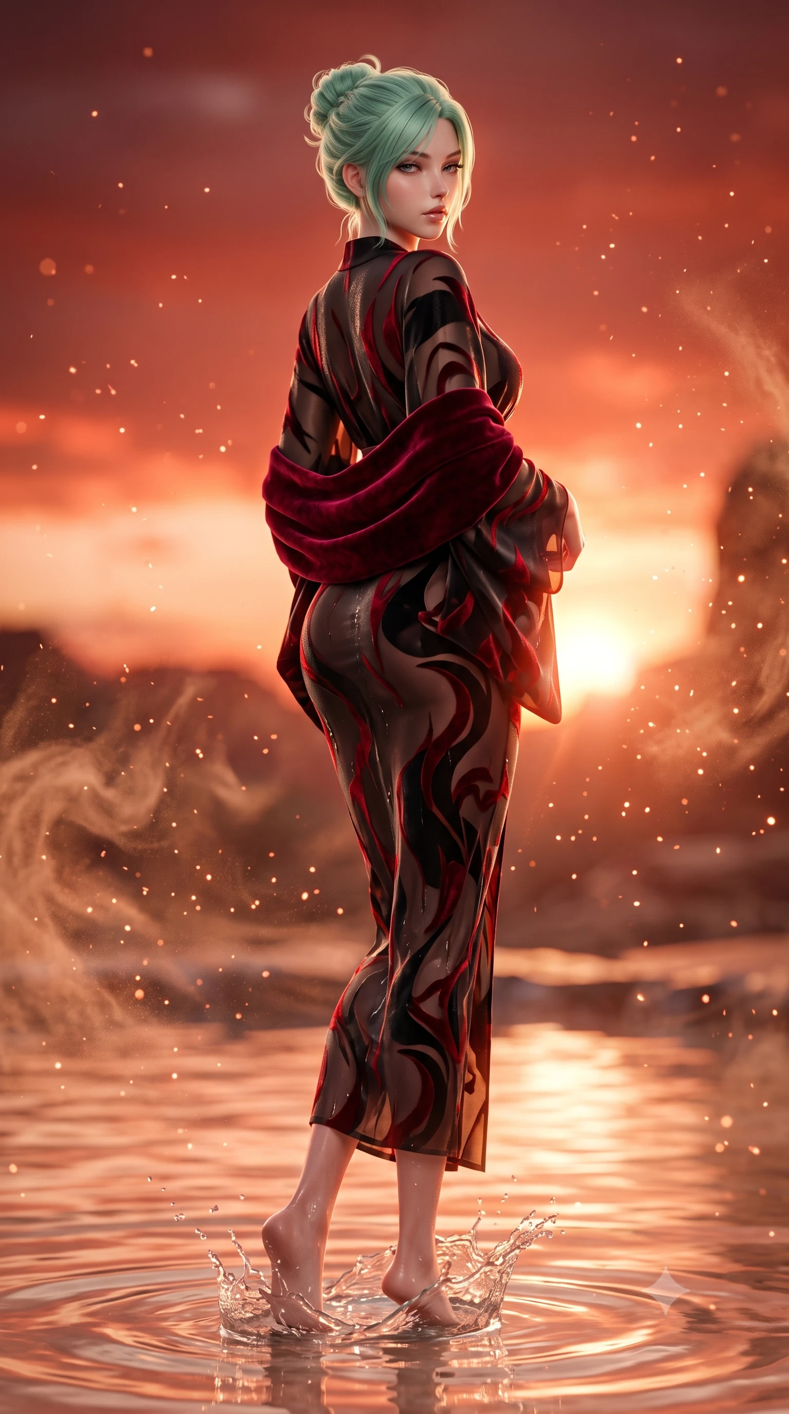 score_9, masterpiece, best quality, ultra-detailed, high-budget anime keyframe, semi-realistic 3D game render, editorial fashion photography, tasteful artistic composition, Japanese woman. low angle full-body shot from head to toe showing her feet, filling the entire 9:16 vertical frame with her statuesque presence, stretching her vertical silhouette. posing with back turned slightly to the lens, glancing back with smoldering allure as she arches her lower back to emphasize her sculpted feminine hips and slender waist while wading lightly into the shallow thermal mineral pool, water splashing around her slender ankles as she turns in an alluring dancer S-curve. The composition keeps background elements in soft focus with creamy bokeh. swirling desert dust particles and sunset pool water caustics scattering radiant copper sparkles. She has an exceptionally tall and slender model-like 8.5-heads proportion, an ultra-slim waist, a flat toned midriff, narrow delicate ribcage, and beautifully sculpted feminine hips creating a graceful, slim hourglass silhouette without any bulky heaviness, with impossibly long slender legs. sharp v-shaped jawline, high-bridge nose, intricate jewel-like eyes with depth, thick eyelashes, glossy parted lips with a natural sheen, intensely captivating and seductive bedroom-eyes expression, flawlessly proportioned anatomical accuracy, strict slender model proportions, natural body alignment, perfectly sculpted long slender limbs, ultra-slim waistline, clean dynamic posture without body distortion. wearing a delicate semi-translucent silk yukata that clings to her wet skin and curvy hip contours in phantom obsidian black and blood-red velvet, tailored from water-resistant treated wool gabardine and flexible stretch silk, complemented by a plush velvet shawl draped loosely over her elbows, the second-skin form-contouring cut accentuating her sculpted flat midriff, narrow delicate ribcage, and gracefully curvy hips with supermodel precision. bathed in blazing crimson and copper sunset backlighting and warm sandstone bounce fill. highly saturated vibrant anime colors, detailed shading with soft gradients, rich glossy textures, high-contrast stereoscopic depth, volumetric dynamic lighting, master piece, 9:16 ratio
