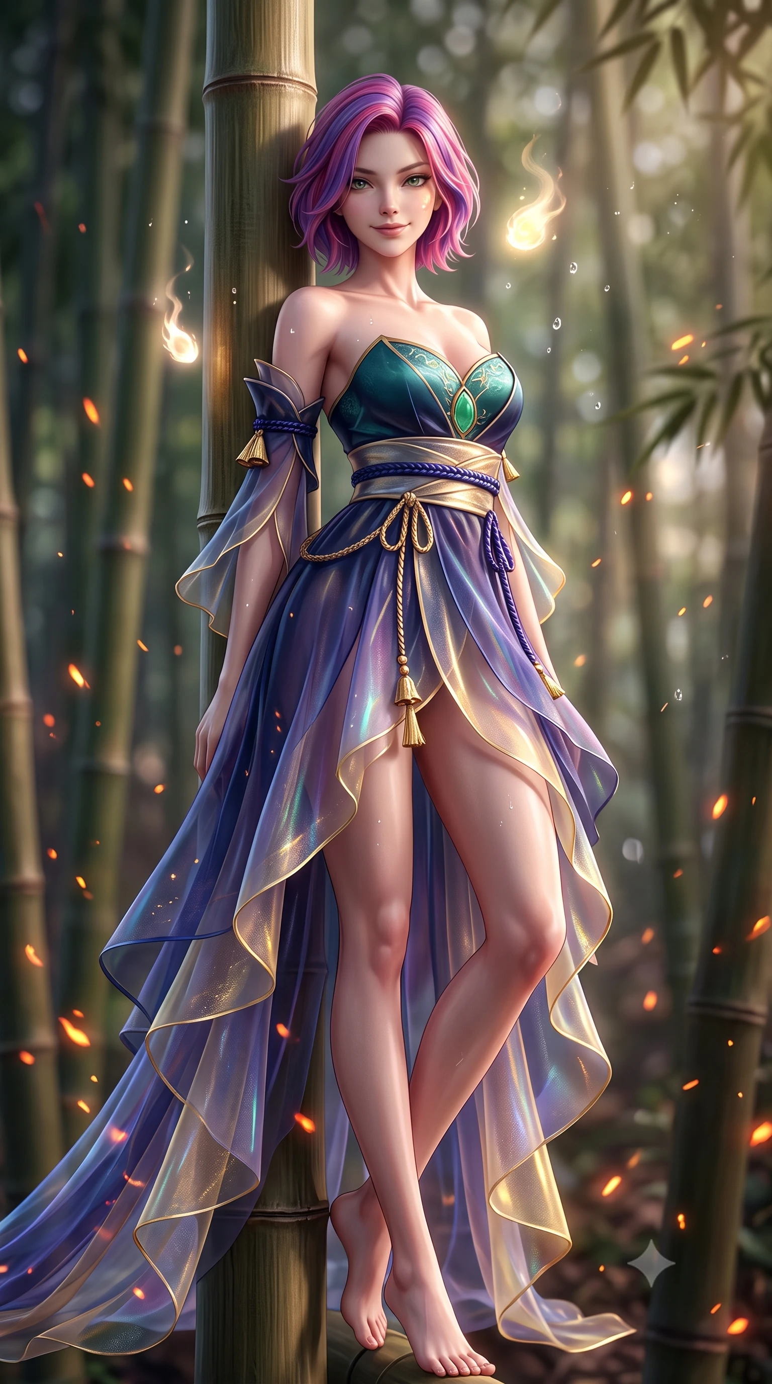 score_9, masterpiece, best quality, ultra-detailed, high-budget anime keyframe, semi-realistic 3D game render, editorial fashion photography, tasteful artistic composition, Caucasian woman. low angle full-body shot from head to toe showing her feet, filling the entire 9:16 vertical frame with her statuesque presence, stretching her vertical silhouette. standing poised with one hip cocked in an alluring high-fashion pose, her tall 8.5-heads proportions dominating the scene while resting against a smooth bamboo trunk with a playful, enigmatic smile as spirit wisps illuminate her lovely face. The composition keeps background elements in soft focus with creamy bokeh. sparkling spirit flame embers and floating moisture droplets scattering enchanting light motes. She has an absolutely perfect, statuesque 8.5-heads proportion, an exceptionally tall and slender model-like female figure with impossibly long slender legs, a toned flat midriff, and an ultra-slim waist. sharp v-shaped jawline, high-bridge nose, intricate jewel-like eyes with depth, thick eyelashes, glossy lips with a natural sheen, captivating and magnetic expression, flawlessly proportioned anatomical accuracy, strict slender model proportions, natural body alignment, perfectly sculpted long slender limbs, ultra-slim waistline, clean dynamic posture without body distortion. wearing a jade-inlaid silk bustier dress with multi-tiered translucent organza train and metallic sash in midnight indigo and glowing starlight gold, crafted from weightless prism organza that refracts light with every motion, accessorized with delicate gold bell tassels and braided silk cords, the liquid-tight tailored fabric emphasizing every curve of her tall, slender model proportions and sculptured silhouette during dynamic movement. illuminated by ethereal glow highlighting her sculpted collarbones, waistline, and slender silhouette. highly saturated vibrant anime colors, detailed shading with soft gradients, rich glossy textures, high-contrast stereoscopic depth, volumetric dynamic lighting, master piece, 9:16 ratio