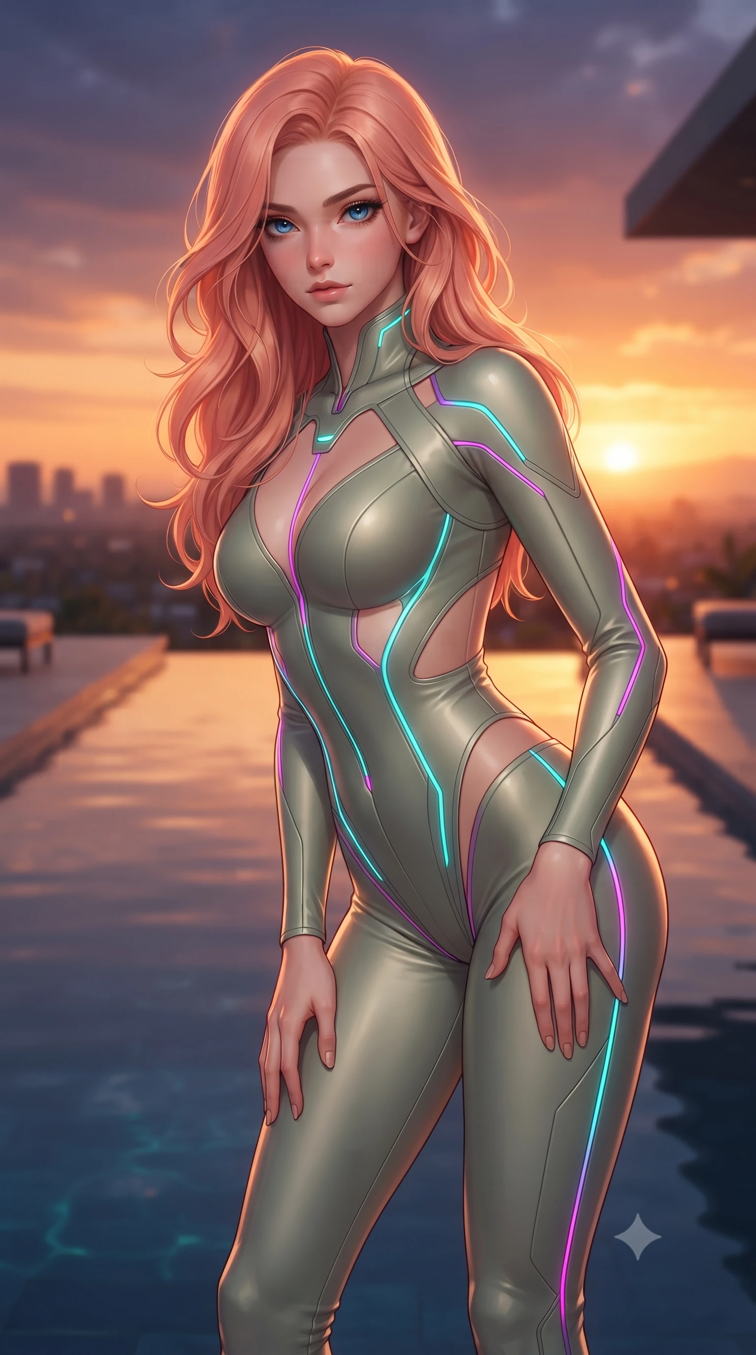 score_9, masterpiece, best quality, ultra-detailed, high-budget anime keyframe, editorial fashion photography, tasteful artistic composition, Japanese woman. close-up cowboy shot from the waist and thighs up, the character dominates the composition, filling the frame with her large presence, background elements kept in soft focus. Leaning slightly forward with a composed, seductive gaze under soft glowing light poised beside an infinity reflecting pool mirroring a warm sunset sky, still pool waters reflecting her slender silhouette and the open sky. She has an exceptionally elegant, slender, and willowy female figure with an ultra-slim waist, a gracefully sculpted slender torso, and a refined silhouette. sharp v-shaped jawline, high-bridge nose, intricate jewel-like eyes with depth, thick eyelashes, glossy lips with a natural sheen. wearing a skin-tight cybernetic bodysuit with glowing neon seams and side cutouts in sage green and oatmeal, crafted from smooth liquid silk, featuring clean architectural cutouts along her slender torso, the tailored fabric tightly following every curve of her athletic build. lit by brilliant warm key light softening into smooth, elegant gradients. highly saturated vibrant anime colors, detailed shading with soft gradients, rich glossy textures, high-contrast stereoscopic depth, volumetric dynamic lighting, master piece, 9:16 ratio