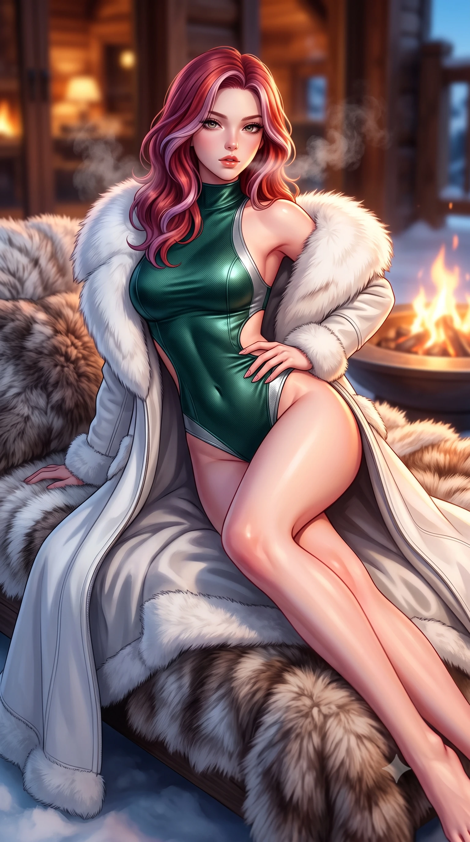 score_9, masterpiece, best quality, ultra-detailed, high-budget anime keyframe, semi-realistic 3D game render, editorial fashion photography, tasteful artistic composition, Caucasian woman. close-up cowboy shot from the waist and thighs up, the character dominates the composition, filling the frame with her large presence. arching her spine in an alluring serpentine S-curve, one hand resting on her waist with parted glossy lips and an intensely magnetic gaze while reclining on an outdoor snow-view fur lounge daybed as steam rises, stretching her long slender legs in seductive comfort. The composition keeps background elements in soft focus with creamy bokeh. warm glowing chalet timber interiors and outdoor fire pit flames softened in cozy shallow depth of field. She has an exceptionally elegant, slender, and willowy female figure with an ultra-slim waist, a gracefully sculpted slender torso, toned flat midriff, and a refined slim silhouette. sharp v-shaped jawline, high-bridge nose, intricate jewel-like eyes with depth, thick eyelashes, glossy parted lips with a natural sheen, intensely captivating and seductive expression, flawlessly proportioned anatomical accuracy, strict slender model proportions, natural body alignment, perfectly sculpted long slender limbs, ultra-slim waistline, clean dynamic posture without body distortion. wearing a luxurious satin thermal leotard layered under a sweeping floor-length white shearling coat in deep spruce green and liquid silver, tailored from supple white lambskin leather with fur trim accents, complemented by an opulent white fox-fur stole draped loosely over her shoulders, the precision-cut daring openings accentuating her delicate midriff, graceful bare collarbones, and ultra-slim feminine waistline. bathed in crisp alpine blue sky ambient fill and warm roaring fire pit uplights. highly saturated vibrant anime colors, detailed shading with soft gradients, rich glossy textures, high-contrast stereoscopic depth, volumetric dynamic lighting, master piece, 9:16 ratio