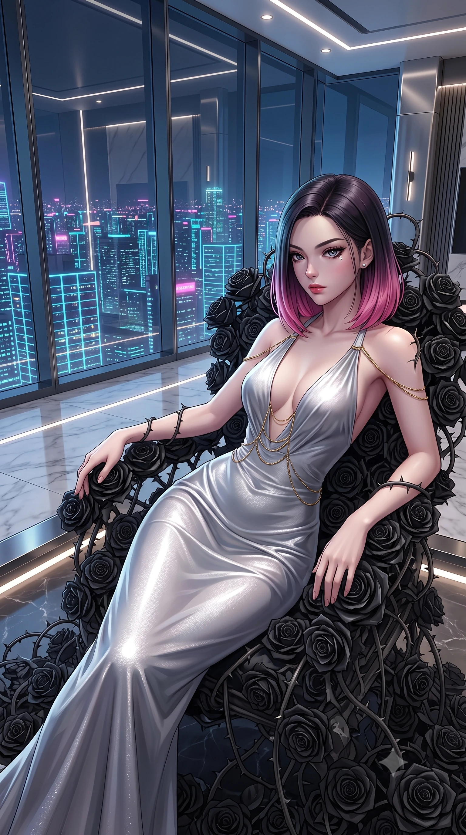 score_9, masterpiece, best quality, ultra-detailed, High-budget Anime Keyframe, East Asian woman. Low angle cowboy shot filling the entire 9:16 frame with her statuesque presence. Scenario 478: resting on a throne of black roses, thorns grazing her skin, in a luxury penthouse with floor-to-ceiling glass walls overlooking a neon grid. Her presence is magnetic and overpowering in this high-budget anime scene. Outfit 478: a body-hugging liquid silver shimmering chiffon slip dress featuring an elegant plunging collar and fine gold chains. The clothing is designed to emphasize her exceptionally tall and slender 8-heads proportion. 8-heads proportion, towering silhouette, ultra-slim waist. sharp v-shaped jawline, intricate jewel-like eyes with depth, thick eyelashes, glossy lips. 2k, ultra detail, master piece, 9:16 ratio