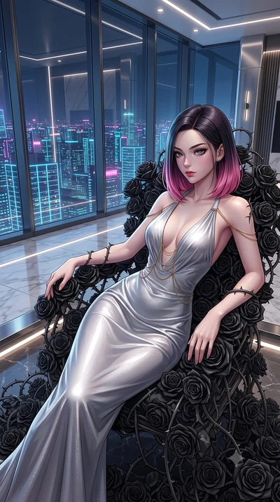 score_9, masterpiece, best quality, ultra-detailed, High-budget Anime Keyframe, East Asian woman. Low angle cowboy shot filling the entire 9:16 frame with her statuesque presence. Scenario 478: resting on a throne of black roses, thorns grazing her s