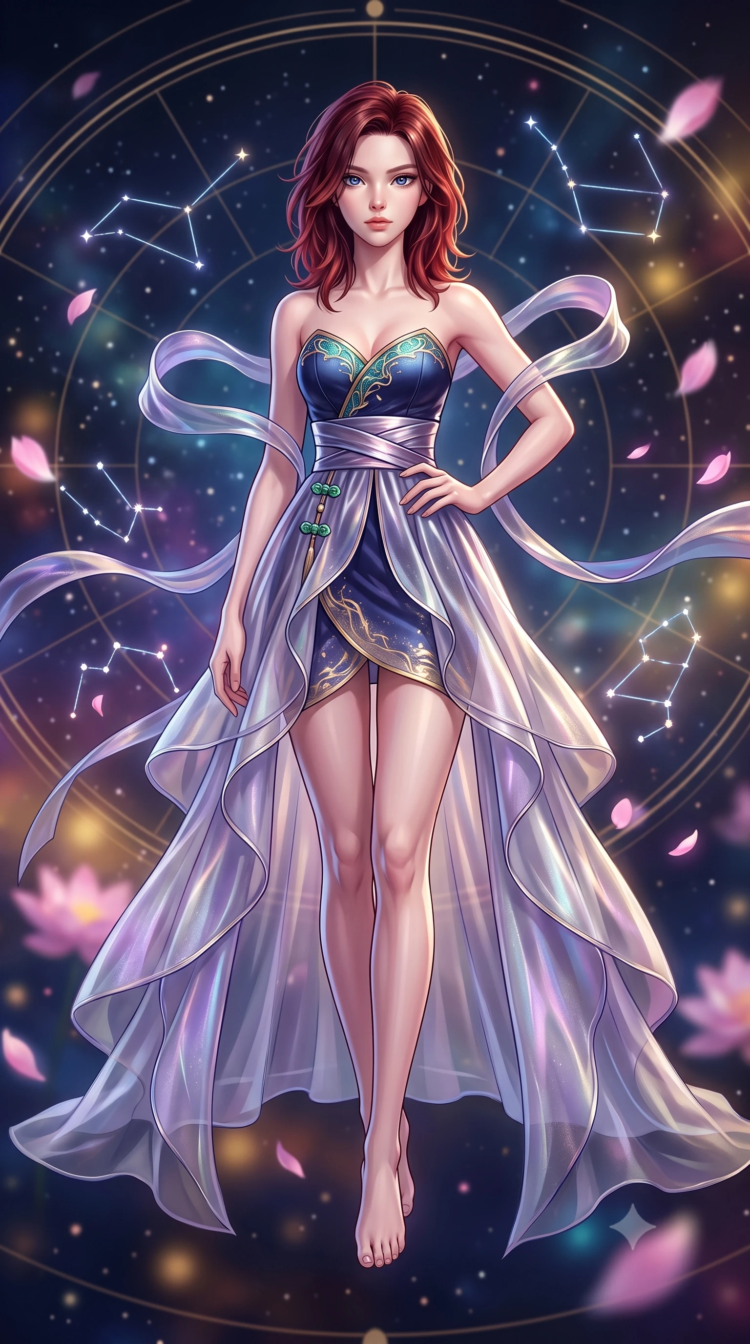 score_9, masterpiece, best quality, ultra-detailed, high-budget anime keyframe, semi-realistic 3D game render, editorial fashion photography, tasteful artistic composition, Korean woman. low angle full-body shot from head to toe showing her feet, filling the entire 9:16 vertical frame with her statuesque presence, stretching her vertical silhouette. standing poised with one hip cocked in an alluring high-fashion pose, her tall 8.5-heads proportions dominating the scene while hovering suspended in the center of a celestial star map with an indomitable, radiant gaze locking onto the viewer. The composition keeps background elements in soft focus with creamy bokeh. floating holographic constellations and drifting pink lotus petals blurred into celestial indigo, gold, and magenta bokeh. She has an absolutely perfect, statuesque 8.5-heads proportion, an exceptionally tall and slender model-like female figure with impossibly long slender legs, a toned flat midriff, and an ultra-slim waist. sharp v-shaped jawline, high-bridge nose, intricate jewel-like eyes with depth, thick eyelashes, glossy lips with a natural sheen, captivating and magnetic expression, flawlessly proportioned anatomical accuracy, strict slender model proportions, natural body alignment, perfectly sculpted long slender limbs, ultra-slim waistline, clean dynamic posture without body distortion. wearing a jade-inlaid silk bustier dress with multi-tiered translucent organza train and metallic sash in midnight indigo and glowing starlight gold, made of semi-translucent iridescent organza shifting between silver and violet, finished with genuine jade button closures and floating celestial silk ribbons, the breezy yet form-flattering drape swaying gracefully with her steps, accentuating her long willowy limbs and slim waistline. surrounded by an immortal, transcendent, and breathtakingly majestic cosmos empress aura. highly saturated vibrant anime colors, detailed shading with soft gradients, rich glossy textures, high-contrast stereoscopic depth, volumetric dynamic lighting, master piece, 9:16 ratio
