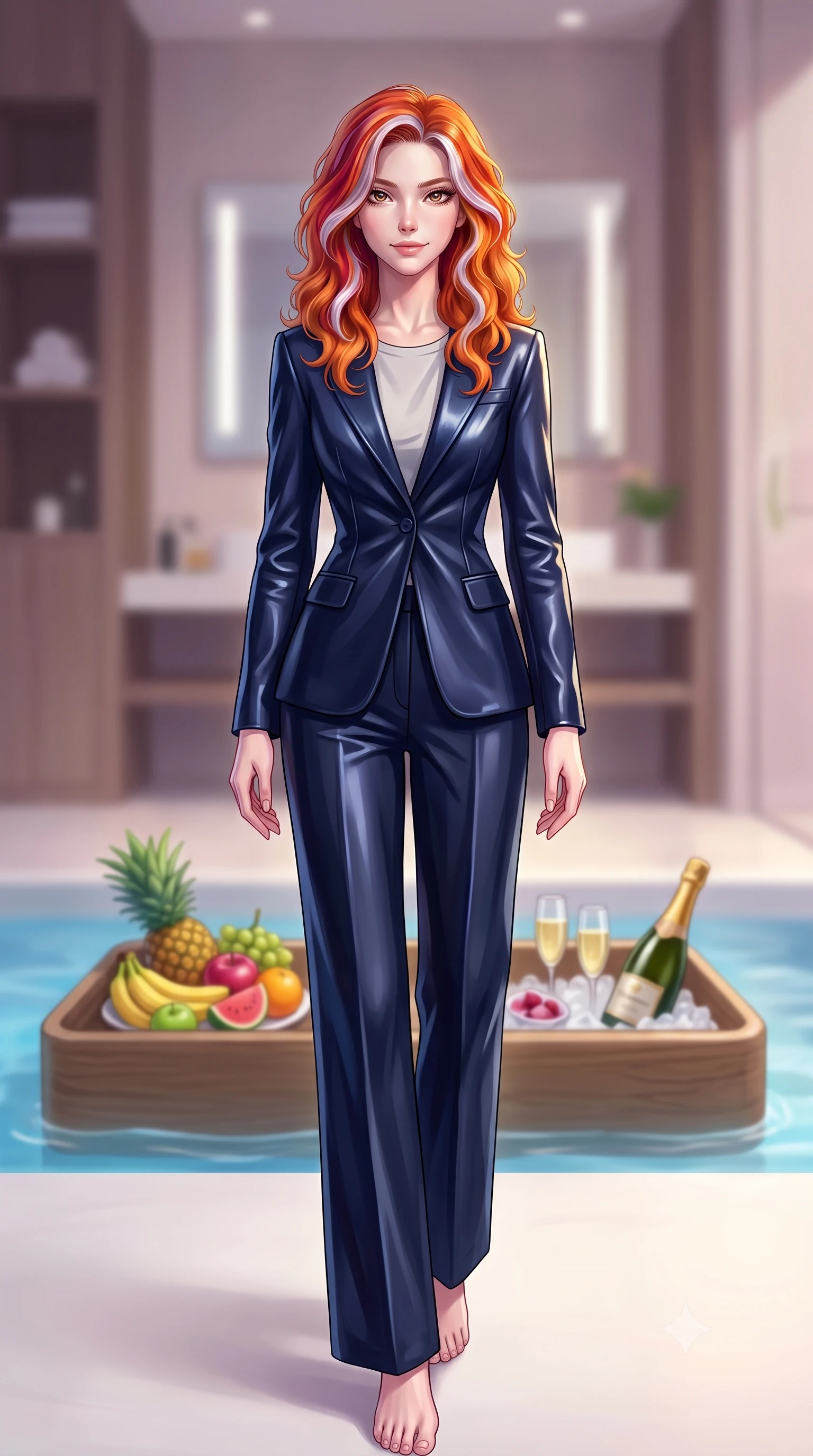 score_9, masterpiece, best quality, ultra-detailed, high-budget anime keyframe, editorial fashion photography, tasteful artistic composition, Caucasian woman. low angle full-body shot from head to toe showing her feet, filling the entire 9:16 vertical frame with her statuesque presence, stretching her vertical silhouette. striding forward with quiet confidence and a smoldering half-smile, holding intense eye contact with the viewer set against a soft-focus background of inside an exclusive vanity suite with a floating pool tray of tropical fruits and chilled wine in soft focus. She has an absolutely perfect, statuesque 8.5-heads proportion, an exceptionally tall and slender model-like female figure with impossibly long slender legs and an ultra-slim waist. sharp v-shaped jawline, high-bridge nose, intricate jewel-like eyes with depth, thick eyelashes, glossy lips with a natural sheen. wearing form-contouring midnight navy glossy leather tailored casual blazer paired with a loose tee and wide-leg trousers featuring refined tailored seams. accented by a single dramatic key light highlighting her statuesque posture and slim waist. highly saturated vibrant anime colors, detailed shading with soft gradients, rich glossy textures, high-contrast stereoscopic depth, volumetric dynamic lighting, master piece, 9:16 ratio