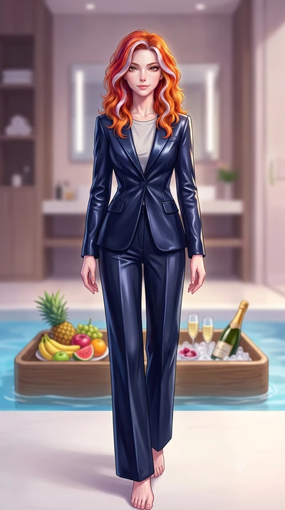 score_9, masterpiece, best quality, ultra-detailed, high-budget anime keyframe, editorial fashion photography, tasteful artistic composition, Caucasian woman. low angle full-body shot from head to toe showing her feet, filling the entire 9:16 vertica