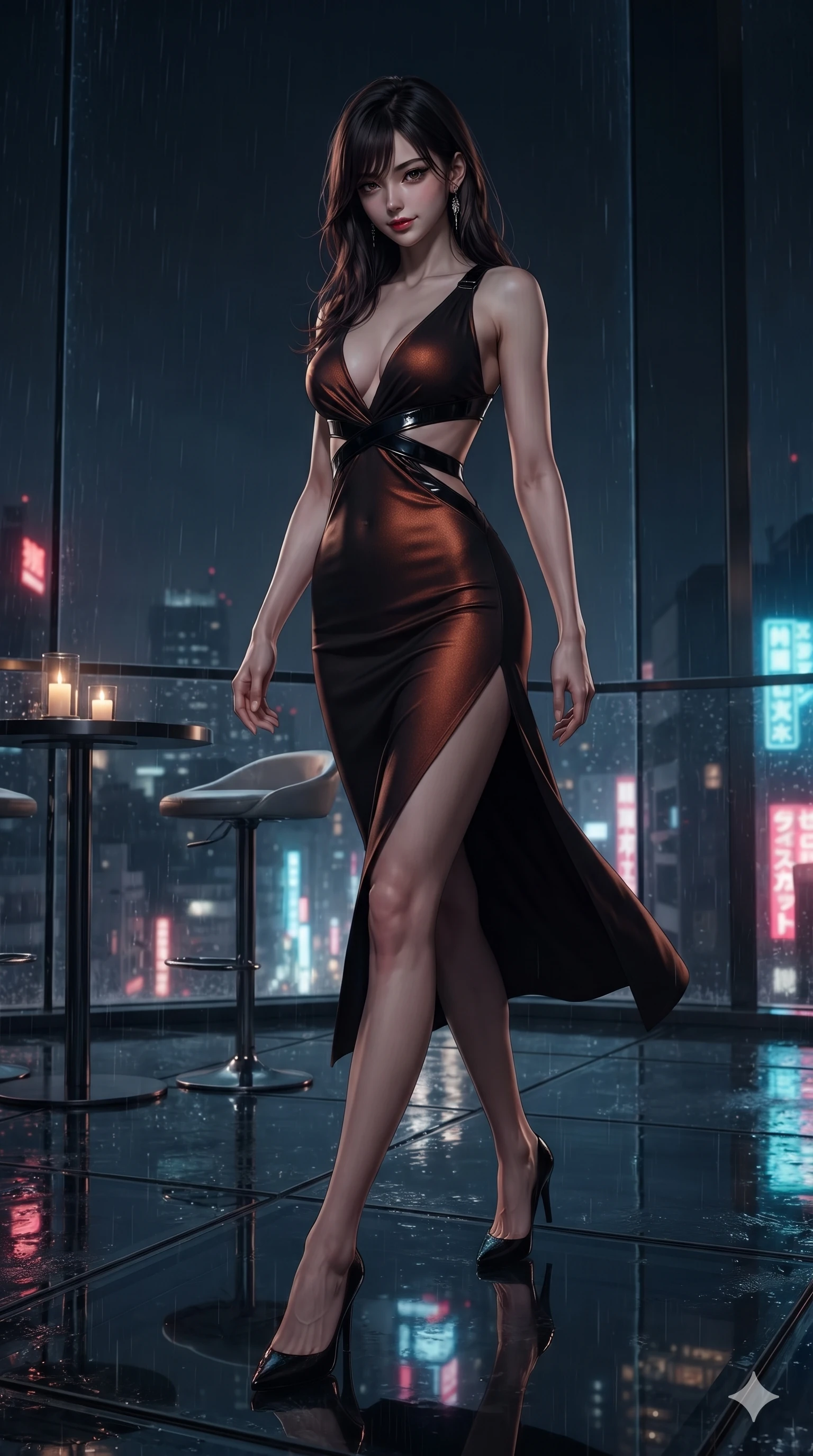 score_9, masterpiece, best quality, ultra-detailed, high-budget anime keyframe, editorial fashion photography, tasteful artistic composition, Japanese woman. low angle full-body shot from head to toe showing her feet, filling the entire 9:16 vertical frame with her statuesque presence, stretching her vertical silhouette. striding across the rain-swept glass terrace, nocturnal breezes whipping her garments open to accentuate her long slender legs and curvy hips while twisting her slender torso in an alluring S-curve beside the sleek cocktail perch, midnight city lights reflecting off her flat midriff and hips. The surrounding environment is rendered in vivid detail and crisp panoramic clarity: detailed liquid lamé slip dress cling, hip-high side slit, and monumentally sleek interior architecture in razor-sharp precision. She has an exceptionally tall and slender model-like 8.5-heads proportion, an ultra-slim waist, a flat toned midriff, narrow delicate ribcage, and beautifully sculpted feminine hips creating a graceful, slim hourglass silhouette without any bulky heaviness, with impossibly long slender legs. sharp v-shaped jawline, high-bridge nose, intricate jewel-like dark sparkling eyes with dangerous depth, thick curled eyelashes, glossy parted lips with a rich wine sheen, smoldering seductive half-smile with bedroom-eyes, exuding effortless superiority and intoxicating dark allure, flawlessly proportioned anatomical accuracy, strict slender model proportions, natural body alignment, perfectly sculpted long slender limbs, ultra-slim waistline, clean dynamic posture without body distortion. wearing a slinky deep-V liquid jersey cocktail dress with waist cutout accentuating her hourglass curves in dark burnt copper and matte black, woven from bespoke high-density barathea wool with refined ceremonial hold, featuring an open-back criss-cross harness strap in patent black leather, the form-fitting cut adhering flawlessly to her sculpted flat midriff and slender torso, emphasizing her long leg lines and perfectly proportioned willowy build. bathed in the romantic, dim ambient lounge lighting punctuated by subtle cocktail table candlelight. ultra-reflective glossy finish, specular highlights, rich textural contrasts, high-contrast stereoscopic depth, volumetric dynamic lighting, 2k, ultra detail, master piece, 9:16 ratio
