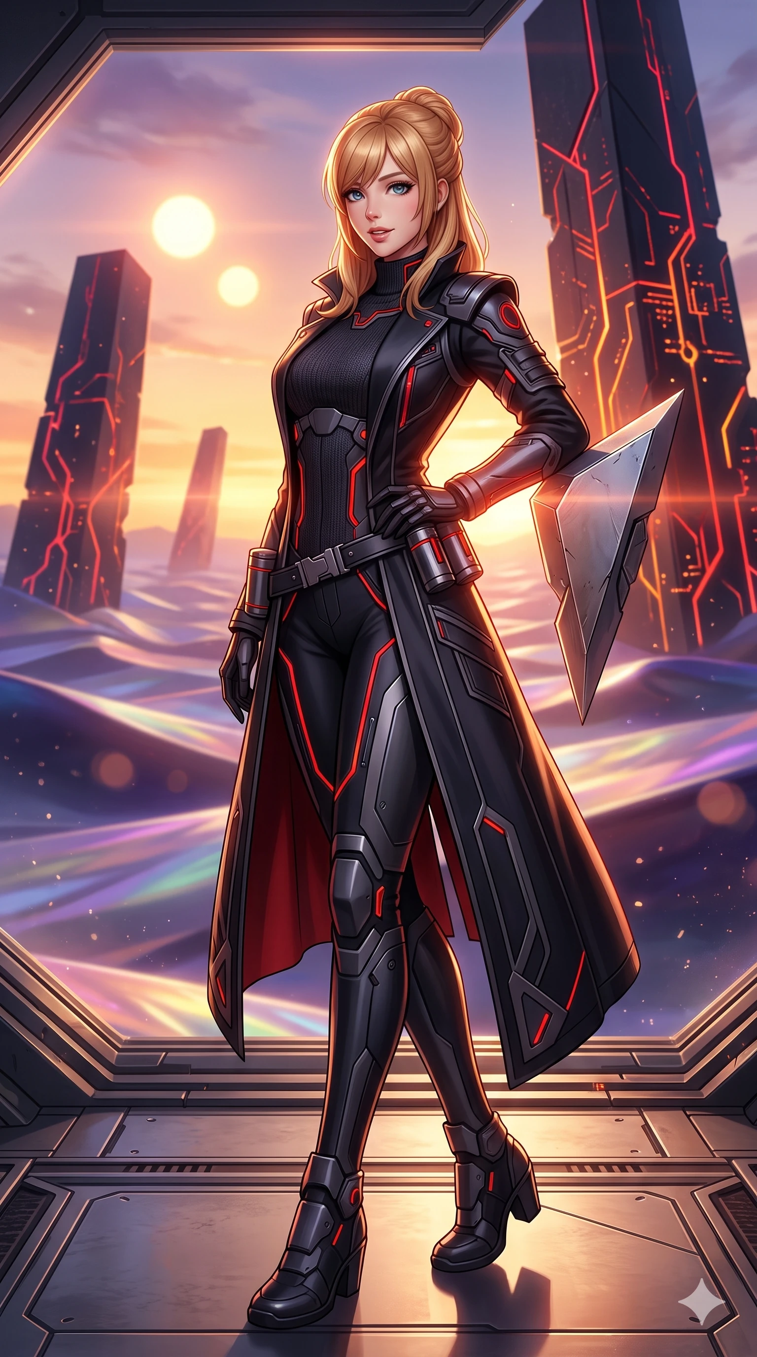 score_9, masterpiece, best quality, ultra-detailed, high-budget anime keyframe, semi-realistic 3D game render, editorial fashion photography, tasteful artistic composition, Caucasian woman. low angle full-body shot from head to toe showing her feet, filling the entire 9:16 vertical frame with her statuesque presence, stretching her vertical silhouette. posing in a classic haute-couture S-curve stance beside the panoramic viewport, looking over a bare shoulder with magnetic presence while leaning against a floating geometric metal shard with hips cocked back, casting an alluring bedroom-gaze over the twin-sun sunset. The background shows a soft-focus colossal geometric black obsidian monoliths, glowing alien circuit veins, and endless ripples of iridescent glass dunes blurred into violet, amber, and obsidian bokeh. She has an absolutely perfect, statuesque 8.5-heads proportion, an exceptionally tall and slender model-like female figure with impossibly long slender legs, an ultra-slim waist, a flat toned midriff, narrow delicate ribcage, and beautifully sculpted feminine hips creating a graceful, slim hourglass silhouette without any bulky heaviness. sharp v-shaped jawline, high-bridge nose, intricate jewel-like sparkling eyes with depth, thick eyelashes, glossy parted lips with a natural sheen, bright confident smile with an enchanting and coquettish sensual glint, exuding both youthful magnetic charm and sovereign high-tech allure, flawlessly proportioned anatomical accuracy, strict slender model proportions, natural body alignment, perfectly sculpted long slender limbs, ultra-slim waistline, clean dynamic posture without body distortion. wearing a structured aerospace commander greatcoat layered over an armored high-neck knit underlayer in midnight black lacquer and vibrant scarlet neon, tailored from brushed aeronautical titanium alloy with matte satin sheen, accented with a sleek utility belt with polished magnetic canisters resting loosely on her curvy hips, the impeccably tailored cut draping gracefully along her slender figure with aristocratic poise. illuminated by glowing monolith circuit veins and sharp golden-amber rim lights sculpting her razor-sharp jawline, narrow waist, and curvy hips. highly saturated vibrant anime colors, detailed shading with soft gradients, rich glossy textures, high-contrast stereoscopic depth, volumetric dynamic lighting, master piece, 9:16 ratio