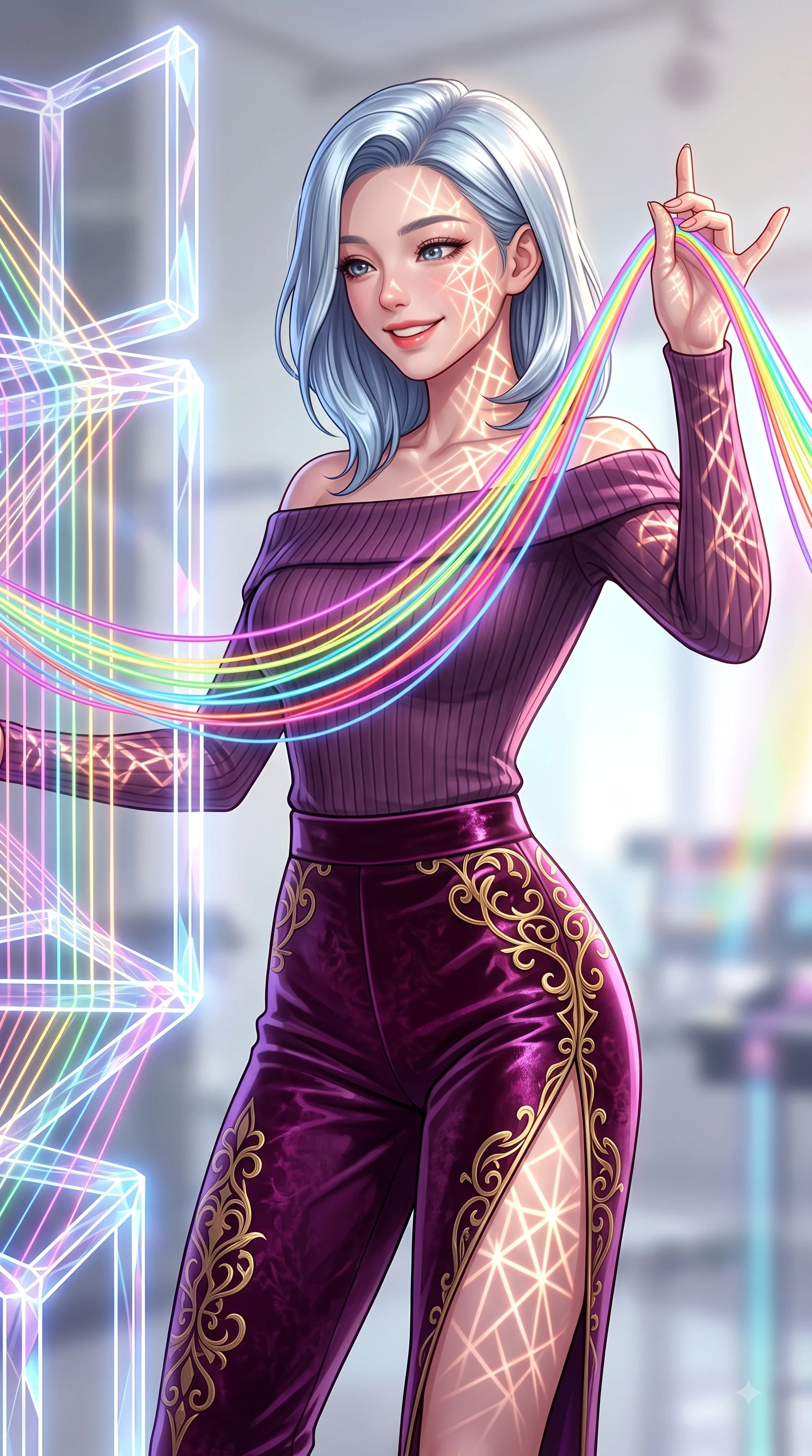 score_9, masterpiece, best quality, ultra-detailed, high-budget anime keyframe, editorial fashion photography, tasteful artistic composition, Korean woman. close-up cowboy shot from the waist and thighs up, the character dominates the composition, filling the frame with her large presence, background elements kept in soft focus. Enchanting happy smile, her eyes twinkling like jewels in the bright sunlight as one arm reaches out playfully while weaving fluorescent rainbow fiber optic ribbons on a 3D light loom with a playful smile, intricate geometric lattice patterns of bright light projected onto her skin. She has an exceptionally elegant, slender, and willowy female figure with an ultra-slim waist, a gracefully sculpted slender torso, and a refined silhouette. sharp v-shaped jawline, high-bridge nose, intricate jewel-like eyes with depth, thick eyelashes, glossy lips with a natural sheen, flawlessly proportioned anatomical accuracy, natural body alignment, perfectly sculpted elegant limbs, clean dynamic posture without body distortion. wearing a sleek off-shoulder ribbed knit top paired with high-waist tailored pants in plum purple and gold filigree, made of premium stretch velvet with a rich sheen, finished with a sleek side slit ascending to mid-thigh, the elegant draped fit framing her graceful clavicle and slender torso. bathed in sharp geometric laser grid highlights and soft airy ambient fill. highly saturated vibrant anime colors, detailed shading with soft gradients, rich glossy textures, high-contrast stereoscopic depth, volumetric dynamic lighting, master piece, 9:16 ratio