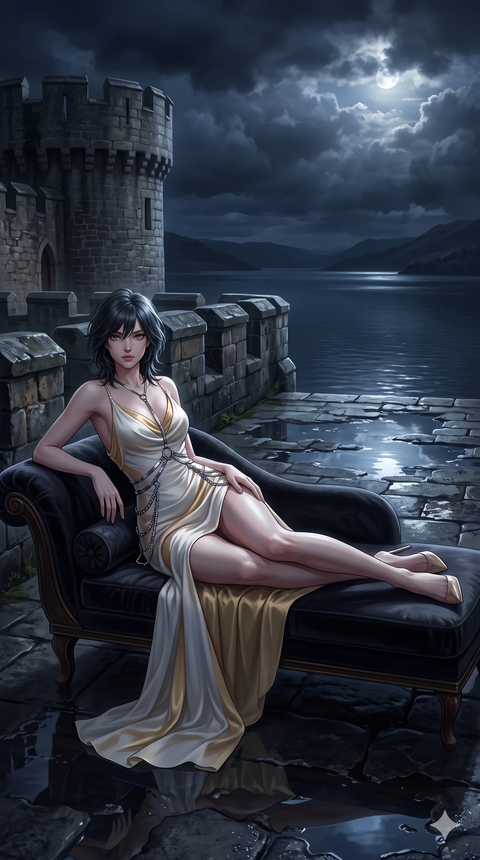 score_9, masterpiece, best quality, ultra-detailed, high-budget anime keyframe, semi-realistic 3D game render, editorial fashion photography, tasteful artistic composition, Caucasian woman. low angle full-body shot from head to toe showing her feet, filling the entire 9:16 vertical frame with her statuesque presence, stretching her vertical silhouette. reclining gracefully across the plush chaise lounge with one leg extended, her sculpted silhouette and flat midriff radiating magnetic nocturnal glamour while leaning deep against the parapet edge with hips cocked back, looking out over the dark loch as storm clouds part with smoldering bedroom-eyes. The surrounding environment is rendered in vivid detail and crisp panoramic clarity: detailed anime keyframe lines, wet-look fabric drape, and monumental castle battlements in high resolution. She has an exceptionally tall and slender model-like 8.5-heads proportion, an ultra-slim waist, a flat toned midriff, narrow delicate ribcage, and beautifully sculpted feminine hips creating a graceful, slim hourglass silhouette without any bulky heaviness, with impossibly long slender legs. sharp v-shaped jawline, high-bridge nose, intricate jewel-like eyes with depth, thick eyelashes, glossy parted lips with a natural sheen, intensely captivating and seductive bedroom-eyes expression, flawlessly proportioned anatomical accuracy, strict slender model proportions, natural body alignment, perfectly sculpted long slender limbs, ultra-slim waistline, clean dynamic posture without body distortion. wearing a form-contouring gossamer silk chiffon slip dress with a hip-high slit and open cowl back clinging with dewy moisture in pure alabaster white and sun-kissed gold, accented with semi-sheer mesh inserts accentuating her sculpted flat midriff, accented with a chrome-drop body harness subtly framing her dewy collarbones and spine, the high-slit wrap tailoring accentuating her ultra-slim waistline and the enchanting curve of her feminine hips with alluring seductive charm. puddle reflection bounce and volumetric dynamic lighting highlighting her long slender legs and willowy proportions. highly saturated vibrant anime colors, detailed shading with soft gradients, rich glossy textures, high-contrast stereoscopic depth, volumetric dynamic lighting, master piece, 9:16 ratio