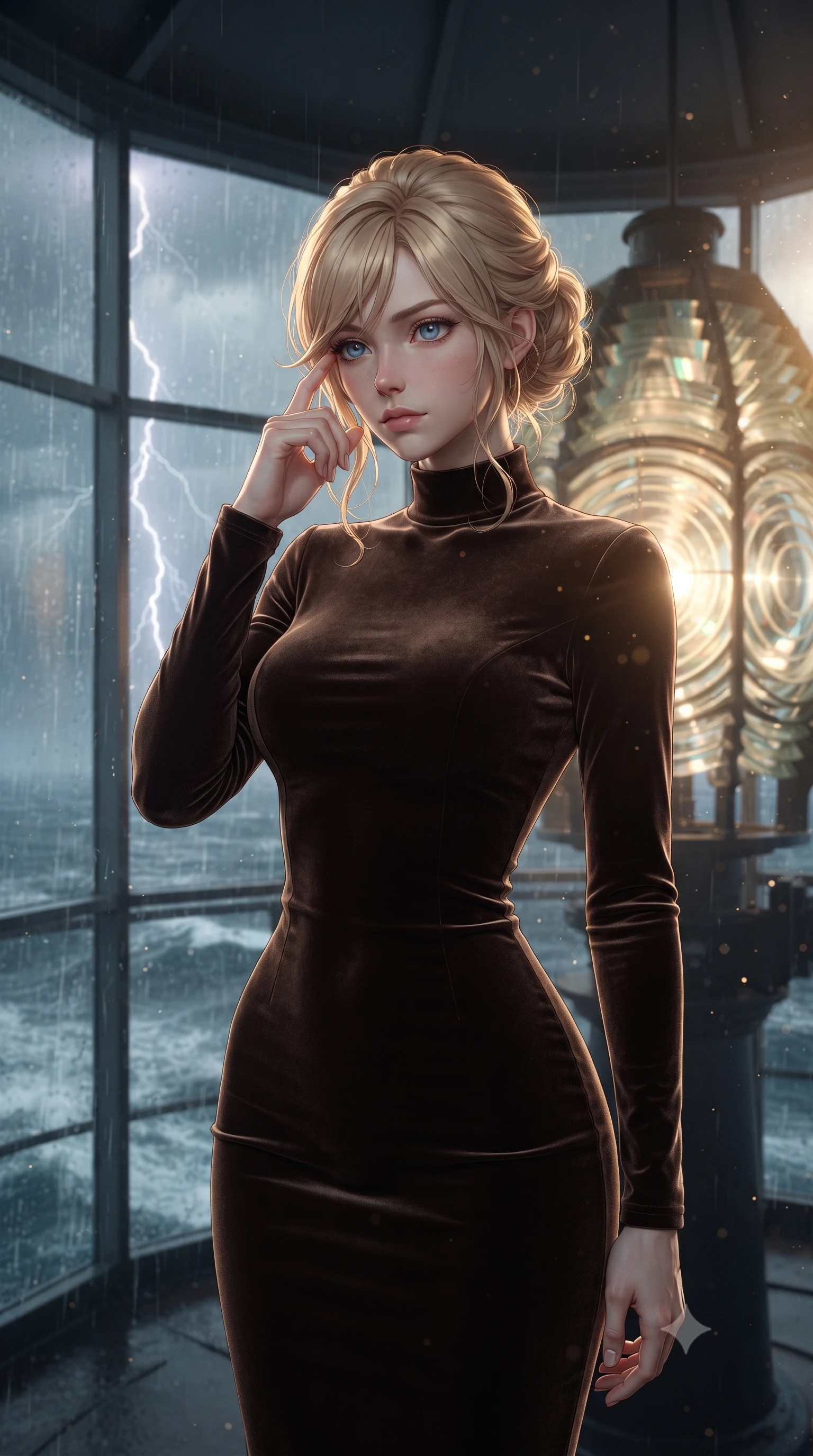 score_9, masterpiece, best quality, ultra-detailed, high-budget anime keyframe, editorial fashion photography, tasteful artistic composition, Caucasian woman, strictly human ears. close-up cowboy shot from the waist and thighs up, the character dominates the composition, filling the frame with her large presence, background elements kept in soft focus. Pressing two fingers to her temple in a composed thoughtful gesture. set against a soft-focus background of inside the glass lantern room at the top of a lighthouse during a fierce storm with the massive Fresnel lens rotating slowly rain streaming down every glass panel and lightning illuminating churning seas below. She has an exceptionally elegant and slender, willowy female figure with an ultra-slim waist, a gracefully sculpted slender torso, and a refined slim physique. sharp v-shaped jawline, high-bridge nose, intricate jewel-like eyes with depth, thick eyelashes, glossy lips with a natural sheen. wearing a sleek long-sleeve bodycon dress in a dark espresso brown velvet, featuring an elegant high collar. golden hour sunlight streaming in warm shafts with floating dust particles catching the light. 2k, ultra detail, master piece, 9:16 ratio
