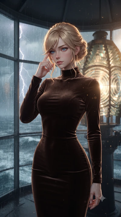 score_9, masterpiece, best quality, ultra-detailed, high-budget anime keyframe, editorial fashion photography, tasteful artistic composition, Caucasian woman, strictly human ears. close-up cowboy shot from the waist and thighs up, the character domin