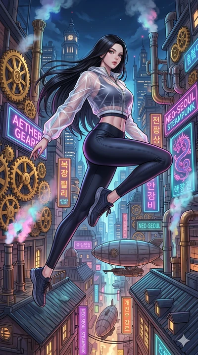 score_9, masterpiece, best quality, ultra-detailed, Set C: High-budget Anime Keyframe, Korean woman. Low angle cowboy shot filling the entire 9:16 frame with her statuesque presence. Leaping across the rooftops of a steampunk city at night with neon 