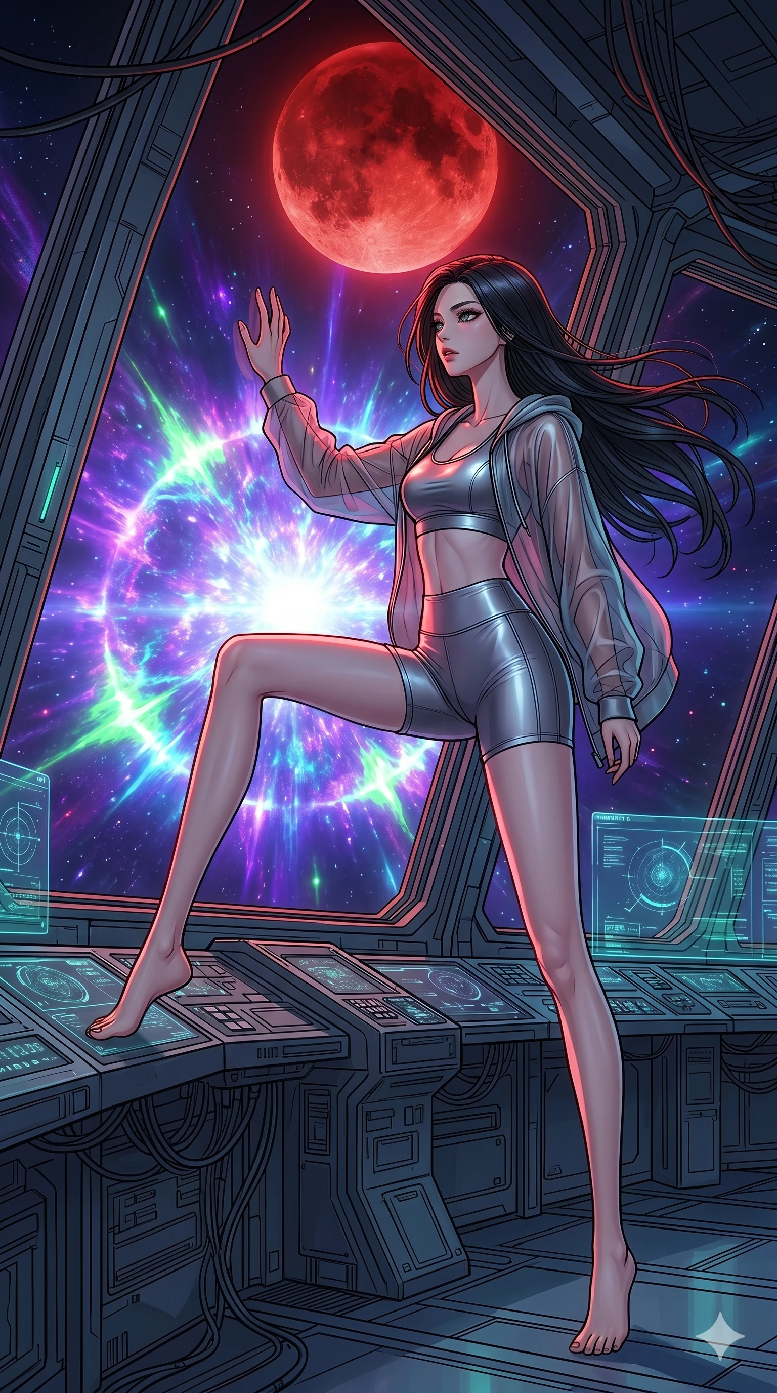 score_9, masterpiece, best quality, ultra-detailed, high-budget anime movie keyframe, cinematic anime lighting, intricate line art, Japanese woman. Dynamic full-body shot stretching the vertical silhouette across the 9:16 frame. observing a supernova in a futuristic orbital station under a blood moon. She has an absolutely perfect 8-heads proportion, an exceptionally tall and slender female figure with an ultra-slim waist and impossibly long slender legs. sharp v-shaped jawline, high-bridge nose, intricate jewel-like eyes, thick eyelashes, glossy lips. Wearing premium athleisure set with a metallic-finish compression top, high-cut yoga shorts that accentuate her long legs, and a sheer oversized hoodie. The scene is illuminated by dramatic atmospheric lighting and vibrant color palettes. , 2k, ultra detail, master piece, 9:16 ratio