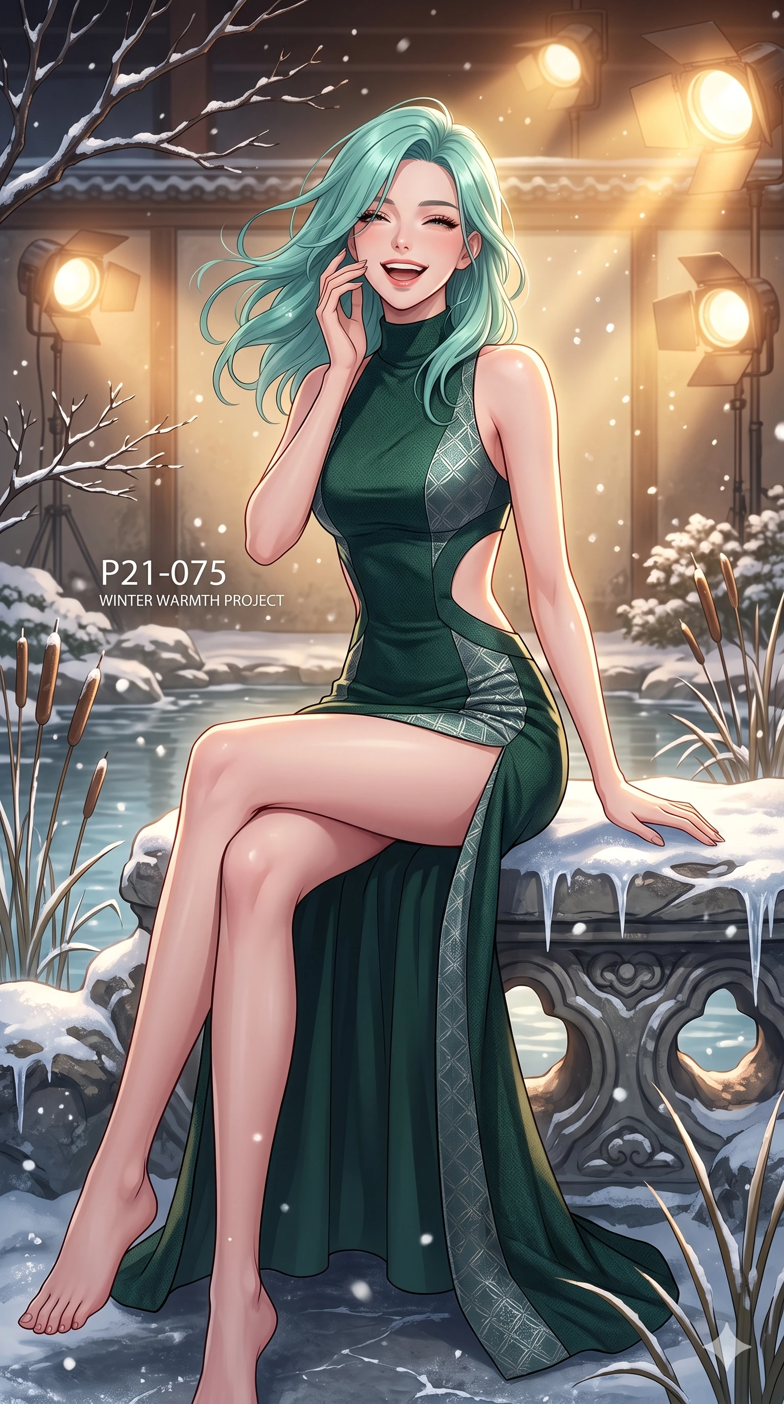 score_9, masterpiece, best quality, ultra-detailed, high-budget anime keyframe, vibrant anime aesthetic, Japanese woman. cowboy shot from the thighs up, character and outfit filling the frame for maximum presence. She is sitting by the garden pond, laughing wind-swept and happy in the sunbeams in winter inside a high-fashion editorial set with warm spot lights (Code-P21-075). She has an absolutely perfect 8-heads proportion, an exceptionally tall and slender female figure with impossibly long slender legs and an ultra-slim waist. V-shaped jawline, high-bridge nose, intricate jewel-like eyes with depth, thick eyelashes, glossy lips with a natural sheen. wearing a bodycon dress with side cut-outs and high-slit leg line in winter snow. She is brilliant golden rays radiating from the winter sky, creating a warm glowing atmosphere. 2k, ultra detail, master piece, 9:16 ratio