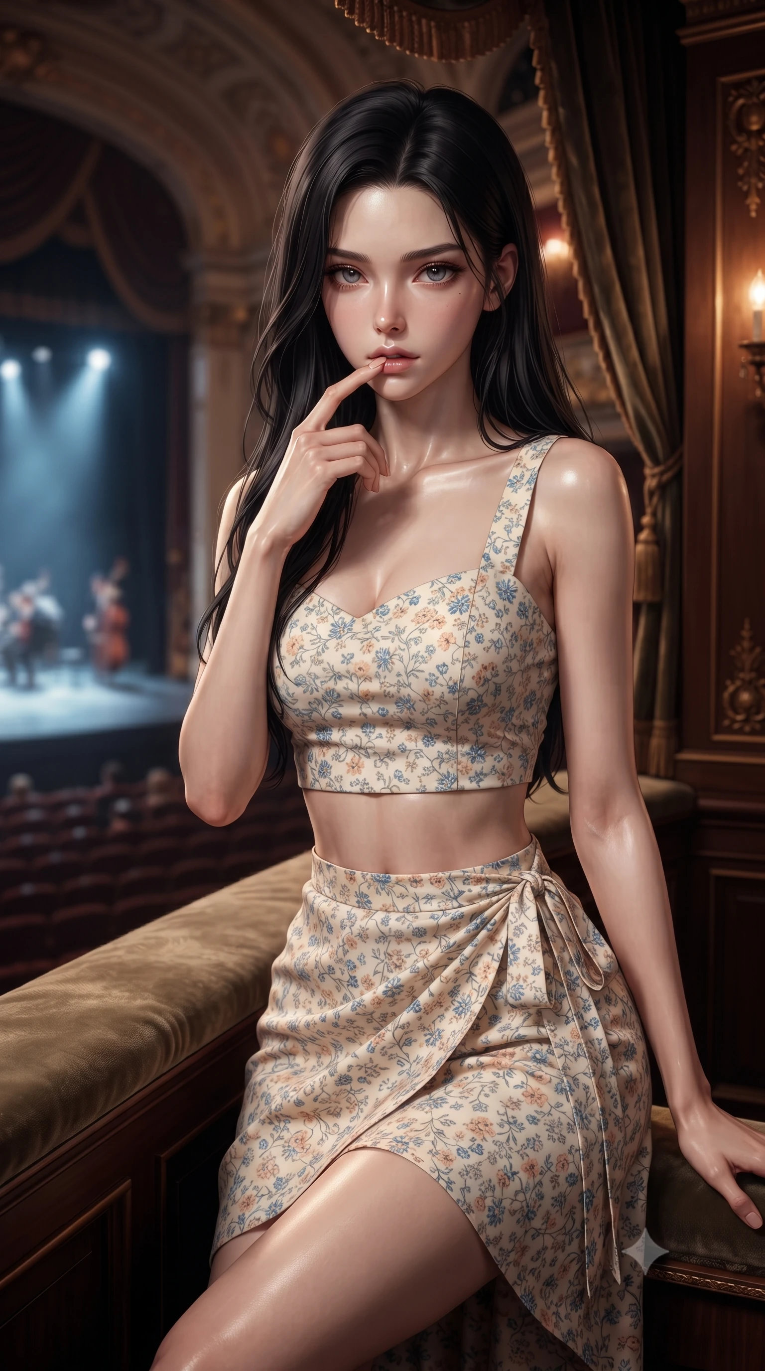 score_9, masterpiece, best quality, ultra-detailed, high-budget anime keyframe, editorial fashion photography, tasteful artistic composition, Korean woman. close-up cowboy shot from the waist and thighs up, the character dominates the composition, filling the frame with her large presence, background elements kept in soft focus. pressing one finger to her bottom lip in a thoughtful, seductive gesture under the warm sun the background shows a soft-focus a quiet opera box seat during a performance, with the stage glow in the background. She has an exceptionally elegant, slender, and willowy female figure with an ultra-slim waist, a gracefully sculpted slender torso, and a refined silhouette. sharp v-shaped jawline, high-bridge nose, intricate jewel-like eyes with depth, thick eyelashes, glossy lips with a natural sheen. wearing a tailored summer vacation crop top and wrap skirt set in floral print cotton, showing her slim waist. cool stage lighting contrasting with the warm amber glow of the private box. ultra-reflective glossy finish, specular highlights, metallic sheen, high-contrast stereoscopic depth, volumetric dynamic lighting, 2k, ultra detail, master piece, 9:16 ratio