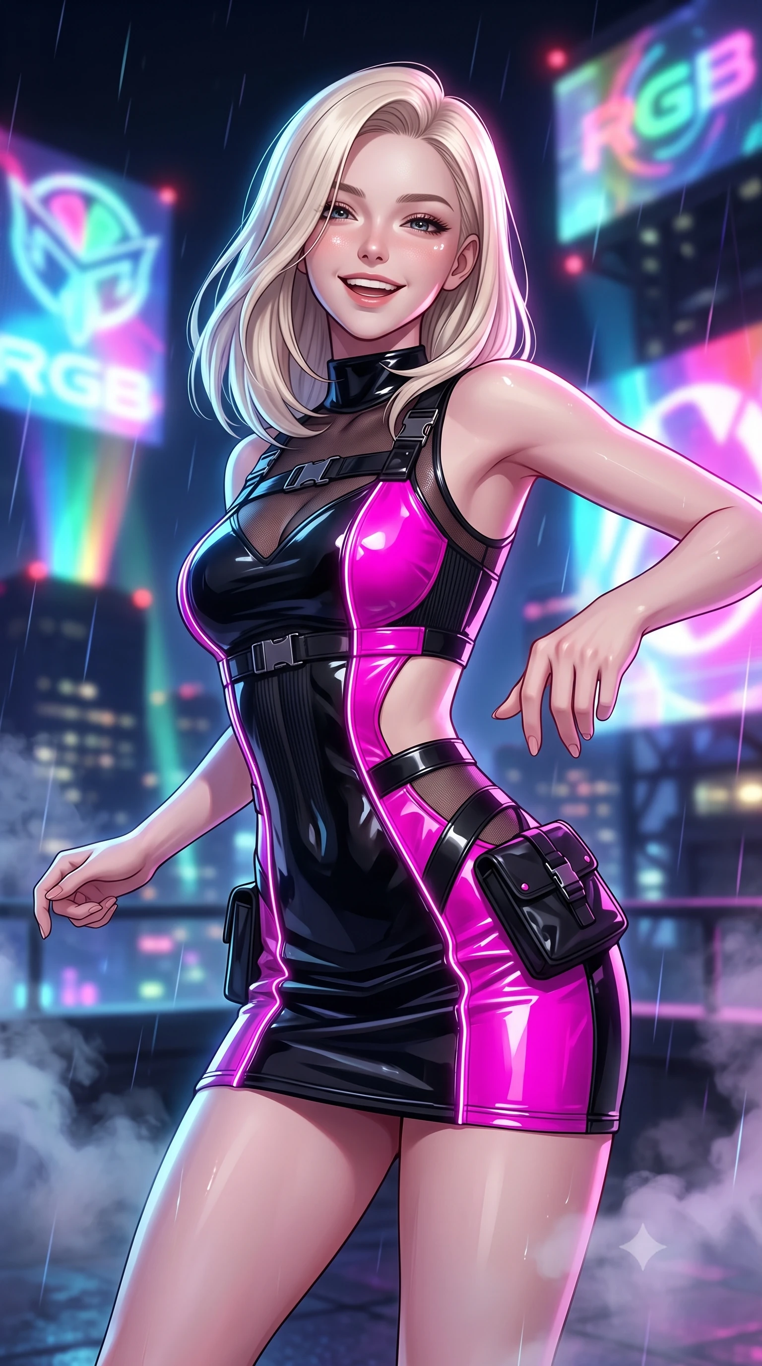 score_9, masterpiece, best quality, ultra-detailed, high-budget anime keyframe, semi-realistic 3D game render, editorial fashion photography, tasteful artistic composition, Caucasian woman. close-up cowboy shot from the waist and thighs up, the character dominates the composition, filling the frame with her large presence. laughing softly with genuine, enchanting warmth, eyes crinkling sweetly as specular highlights illuminate her cheeks while pivoting with energetic street-dance momentum as giant holographic animated logos flash across the night sky behind her. The composition keeps background elements in soft focus with creamy bokeh. drifting smoke machine haze and falling raindrops catching laser beam motes across the rooftop. She has an exceptionally elegant, slender, and willowy female figure with an ultra-slim waist, a gracefully sculpted slender torso, toned flat midriff, and a refined slim silhouette. sharp v-shaped jawline, high-bridge nose, intricate jewel-like eyes with depth, thick eyelashes, glossy lips with a natural sheen, captivating and magnetic expression, flawlessly proportioned anatomical accuracy, strict slender model proportions, natural body alignment, perfectly sculpted long slender limbs, ultra-slim waistline, clean dynamic posture without body distortion. wearing a high-gloss vinyl mini dress accented with industrial buckle straps and side-waist cutouts in matte pitch-black and vivid neon magenta, made of stretchy ribbed athletic knit with sheer mesh cutout inserts, finished with glowing fiber-optic seam piping and miniature utility pouches, the liquid-tight tailored fabric emphasizing every curve of her tall, slender model proportions and sculptured silhouette during dynamic movement. bathed in flashing RGB strobe lights and glowing holographic billboard backlighting. highly saturated vibrant anime colors, detailed shading with soft gradients, rich glossy textures, high-contrast stereoscopic depth, volumetric dynamic lighting, master piece, 9:16 ratio