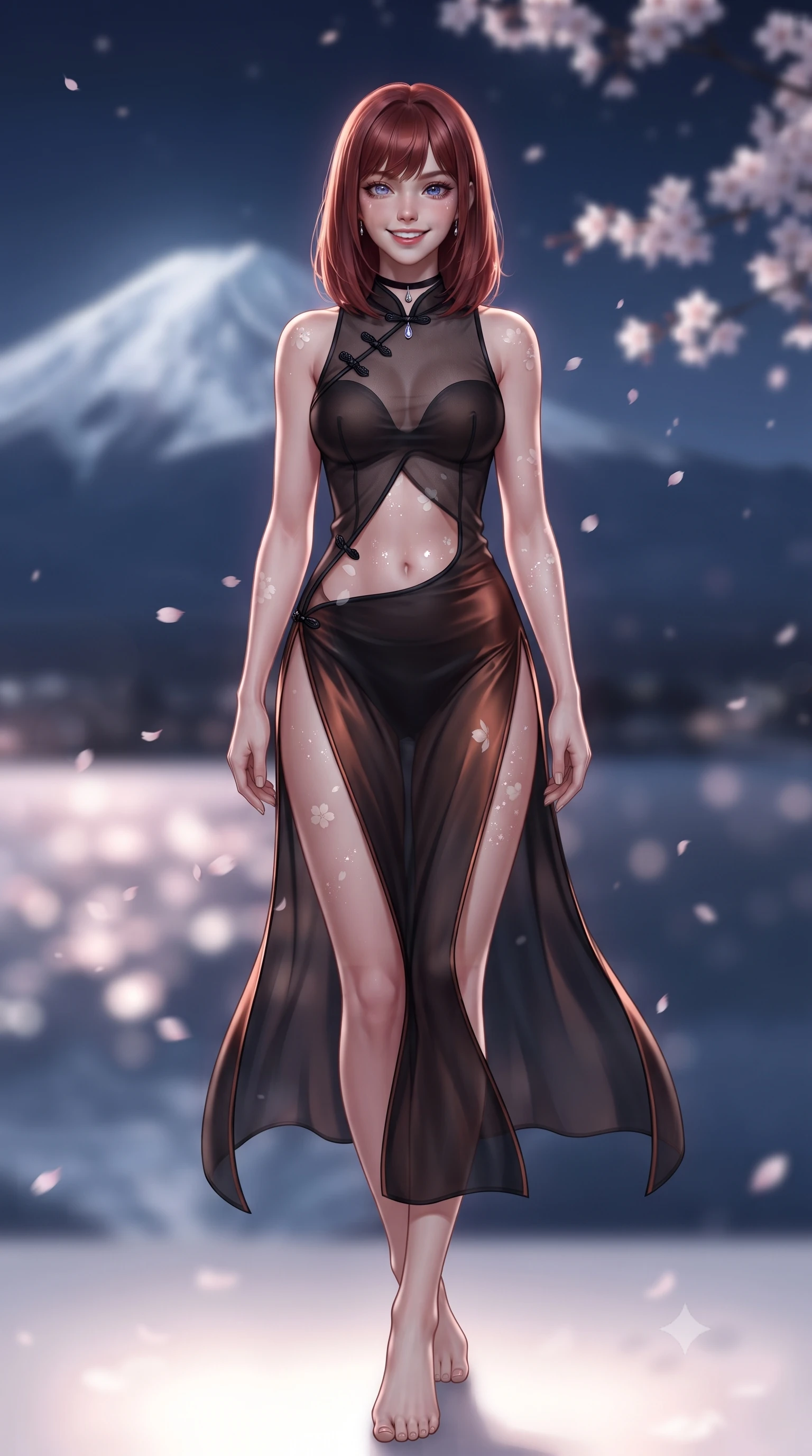 score_9, masterpiece, best quality, ultra-detailed, high-budget anime keyframe, editorial fashion photography, tasteful artistic composition, Caucasian woman. low angle full-body shot from head to toe showing her feet, filling the entire 9:16 vertical frame with her statuesque presence, stretching her vertical silhouette. stepping slowly toward the camera with hypnotic grace, hips swaying in an alluring sensual rhythm that accentuates her curvy hourglass silhouette and long slender legs while twisting her slender torso in an alluring contrapposto stance, night-blooming cherry blossom petals drifting across her dewy skin and flat midriff. The background shows a soft-focus iconic snow-capped silhouette of Mount Fuji bathed in ethereal moonlight, drifting nocturnal sakura blossoms, and Lake Kawaguchi reflections blurred into pale pink, silver, and indigo bokeh. She has an exceptionally tall and slender model-like 8.5-heads proportion, an ultra-slim waist, a flat toned midriff, narrow delicate ribcage, and beautifully sculpted feminine hips creating a graceful, slim hourglass silhouette without any bulky heaviness, with impossibly long slender legs. sharp v-shaped jawline, high-bridge nose, intricate jewel-like sparkling eyes with depth, thick eyelashes, glossy parted lips with a natural peach sheen, bright cheerful beaming smile with an enchanting and coquettish sensual glint, exuding both youthful cute charm and seductive allure, flawlessly proportioned anatomical accuracy, strict slender model proportions, natural body alignment, perfectly sculpted long slender limbs, ultra-slim waistline, clean dynamic posture without body distortion. wearing a provocative sheer silk organza modern qipao dress with dramatic hip-high side slits and translucent mesh frog-button bodice in Lofoten midnight obsidian and warm hearth copper, crafted from fluid liquid silk satin that clings smoothly to her narrow waist and rounded hips with a dewy sheen, finished with a thin velvet ribbon choker and a single teardrop diamond pendant, the form-contouring silhouette accentuating her sculpted flat midriff, narrow delicate ribcage, and gracefully curvy hips with intoxicating allure. illuminated by hot spring caustics bounce and sharp platinum-rose rim lights sculpting her cheekbones, flat midriff, and curvaceous hips. ultra-reflective glossy finish, specular highlights, rich textural contrasts, high-contrast stereoscopic depth, volumetric dynamic lighting, 2k, ultra detail, master piece, 9:16 ratio