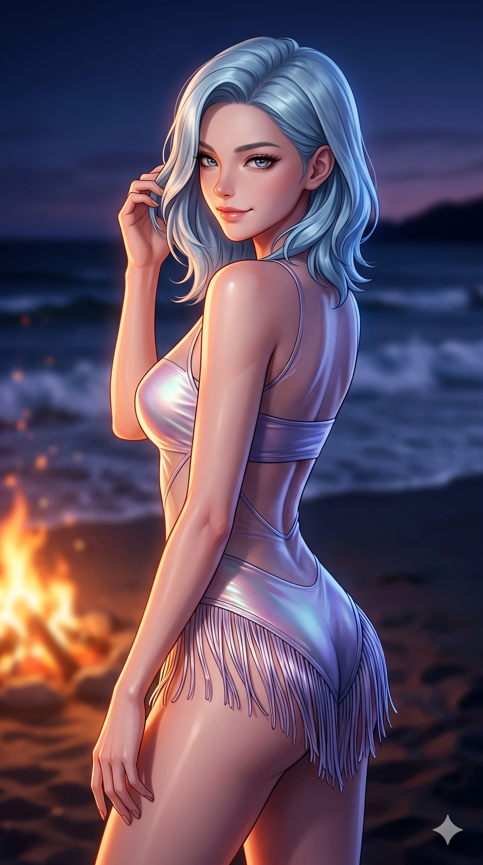 score_9, masterpiece, best quality, ultra-detailed, high-budget anime keyframe, semi-realistic 3D game render, editorial fashion photography, tasteful artistic composition, Korean woman. close-up cowboy shot from the waist and thighs up, the character dominates the composition, filling the frame with her large presence. gently brushing a lock of salt-kissed hair behind her ear while casting a playful, flirtatious side-gaze with long eyelashes while standing poised at the edge of the bonfire glow, looking back over her bare shoulder with an enchanting, smoldering gaze as the tide rolls in. The background shows a soft-focus romantic beach campfire atmosphere softened in midnight shoreline shallow focus. She has an exceptionally elegant, slender, and willowy female figure with an ultra-slim waist, flat toned midriff, narrow ribcage, and sculpted feminine hips creating an alluring, slim hourglass silhouette without bulk. sharp v-shaped jawline, high-bridge nose, sparkling eyes with hypnotic seductive depth, thick curled eyelashes, glossy parted lips with a natural dewy peach sheen, alluring bedroom-eyes with an enchanting coquettish smile, exuding magnetic siren charisma and sophisticated glamour, flawlessly proportioned anatomical accuracy, strict slender model proportions, natural body alignment, perfectly sculpted long slender limbs, ultra-slim waistline, clean dynamic posture without body distortion. wearing a provocative sheer illusion mesh resort bodysuit with fringe trim layered over an opaque bandeau and briefs in iridescent mother-of-pearl and dusk lavender, made of fluid liquid jersey with seamless sculpting hold and smooth contours, finished with a delicate silk fringe trim fluttering along her hip line with kinetic charm, the impeccably tailored cut draping gracefully along her slender figure with aristocratic resort poise. bathed in the dramatic dual contrast of warm dancing 2000K firelight on her front and cool deep indigo 5000K twilight on her back. highly saturated vibrant anime colors, detailed shading with soft gradients, rich glossy textures, high-contrast stereoscopic depth, volumetric dynamic lighting, master piece, 9:16 ratio