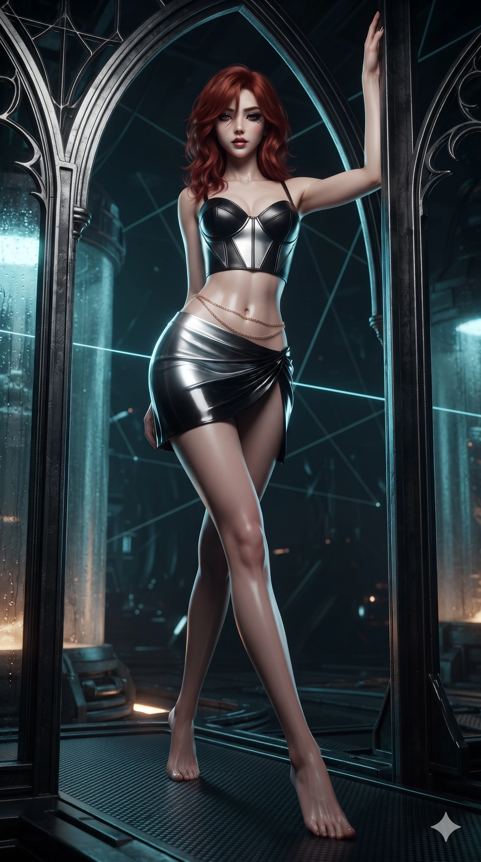 score_9, masterpiece, best quality, ultra-detailed, high-budget anime keyframe, editorial fashion photography, tasteful artistic composition, Korean woman. low angle full-body shot from head to toe showing her feet, filling the entire 9:16 vertical frame with her statuesque presence, stretching her vertical silhouette. standing tall beside the towering gothic arch, one hand resting high while arching her lower back to emphasize her sculpted feminine curves while navigating the midnight sanctuary with an effortless, graceful stride, her dark tailored fit highlighting her hourglass curves. The surrounding environment is rendered in vivid detail and crisp panoramic clarity: sharp carbon-fiber platform weave, laser grid beam lines, and moisture condensation on stasis chamber glass in deep focus. She has an absolutely perfect, statuesque 8.5-heads proportion, an exceptionally tall and slender model-like female figure with impossibly long slender legs, an ultra-slim waist, a flat toned midriff, narrow delicate ribcage, and beautifully sculpted feminine hips creating a graceful, slim hourglass silhouette without any bulky heaviness. sharp v-shaped jawline, high-bridge nose, intricate jewel-like dark sparkling eyes with hypnotic seductive depth, thick curled eyelashes, glossy parted lips with a natural wine sheen, alluring bedroom-eyes with an enigmatic smoldering smile, exuding magnetic sovereign charisma and dark avant-garde glamour, flawlessly proportioned anatomical accuracy, strict slender model proportions, natural body alignment, perfectly sculpted long slender limbs, ultra-slim waistline, clean dynamic posture without body distortion. wearing a structured underwire leather bustier top paired with an ultra-short draped wrap mini skirt in metallic liquid silver and pitch black, crafted from wet-look high-gloss vinyl fabric with dazzling specular surface reflections, accented with a dainty gold belly chain resting across her flat midriff and curving hips, the high-slit wrap tailoring accentuating her ultra-slim waistline and the enchanting curve of her feminine hips with alluring seductive charm. illuminated by stasis fluid floor bounce and sharp electric-cyan rim lights defining her razor-sharp jawline, narrow waist, and curvy hips. ultra-reflective glossy finish, specular highlights, metallic sheen, high-contrast stereoscopic depth, volumetric dynamic lighting, 2k, ultra detail, master piece, 9:16 ratio
