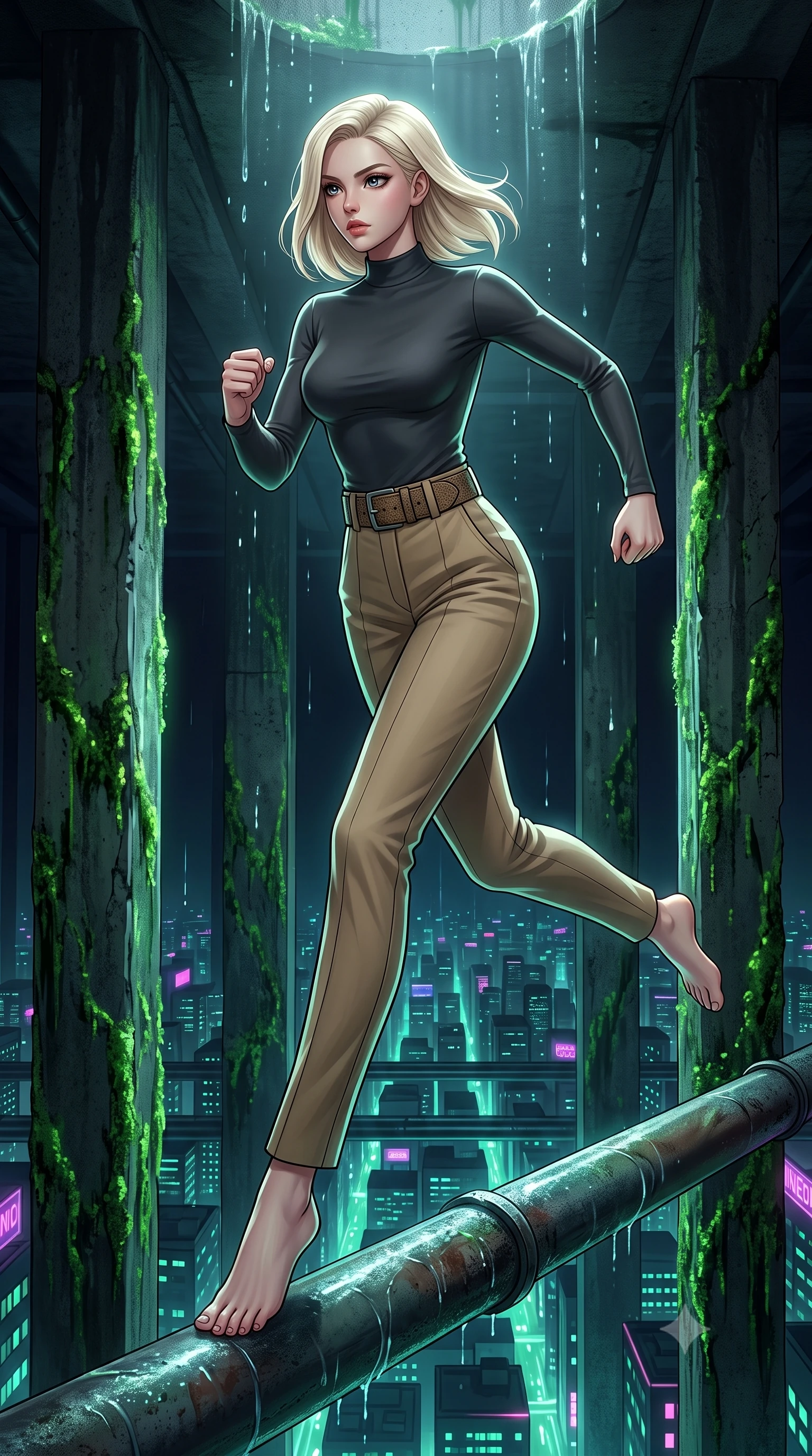 score_9, masterpiece, best quality, ultra-detailed, high-budget anime keyframe, editorial fashion photography, tasteful artistic composition, Caucasian woman, strictly human ears. low angle full-body shot from head to toe showing her feet, filling the entire 9:16 vertical frame with her statuesque presence, stretching her vertical silhouette. dashing forward aggressively along a narrow pipe high above the neon city grid through a dark reservoir inside a slum, glowing algae growing on concrete pillars, water dripping from the ceiling. She has a statuesque 8.5-heads proportion, an exceptionally tall, slender and willowy model-like build with impossibly long legs and a highly sculpted ultra-slim waist. sharp v-shaped jawline, high-bridge nose, intricate jewel-like eyes with depth, thick eyelashes, glossy lips with a natural sheen. wearing catching and diffusing the glowing particles, shimmering softly in response to the surrounding light, a form-contouring fitted mock-neck jersey top in charcoal, tucked into high-waisted tailored khaki trousers with a wide belt. highly saturated vibrant anime colors, intense vivid color palette, soft 3D volumetric shading, volumetric dynamic lighting, soft glowing ambient light with sharp side key light tracing the sleek contours of her figure. 2k, ultra detail, master piece, 9:16 ratio