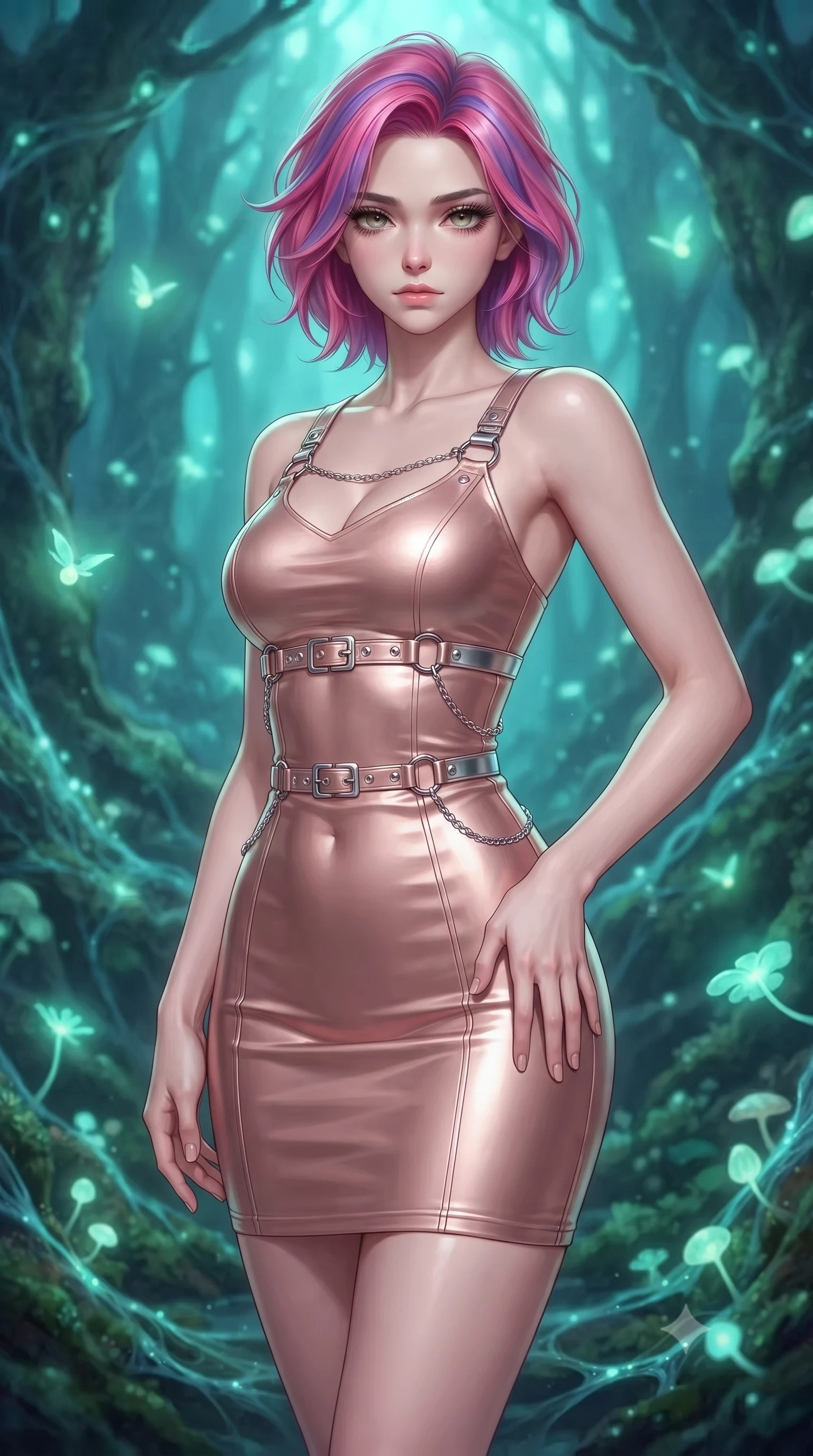 score_9, masterpiece, best quality, ultra-detailed, high-budget anime keyframe, editorial fashion photography, tasteful artistic composition, Caucasian woman. close-up cowboy shot from the waist and thighs up, the character dominates the composition, filling the frame with her large presence, background elements kept in soft focus. Casting a slow, direct gaze beneath heavy lashes with quiet intensity, inside a sacred ancient grove interwoven with bioluminescent opal mycelium threads, glowing fungal spores floating gracefully like soft greenish-blue fireflies. She has an exceptionally elegant, slender, and willowy female figure with an ultra-slim waist, a gracefully sculpted slender torso, and a refined silhouette. sharp v-shaped jawline, high-bridge nose, intricate jewel-like eyes with depth, thick eyelashes, glossy lips with a natural sheen. wearing aerodynamic second-skin rose-gold metallic bodycon dress in rose-gold pink, made of soft rose-gold satin, framed by polished silver buckles and delicate chain details, contouring every curve with an exceptionally elegant silhouette. bathed in soft emerald and cyan light from glowing forest spores. highly saturated vibrant anime colors, detailed shading with soft gradients, rich glossy textures, high-contrast stereoscopic depth, volumetric dynamic lighting, master piece, 9:16 ratio