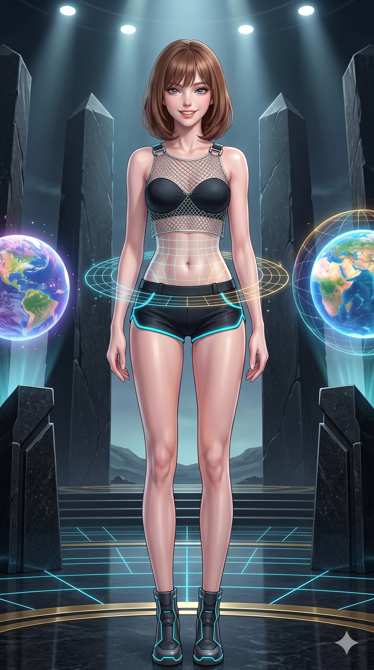 score_9, masterpiece, best quality, ultra-detailed, high-budget anime keyframe, semi-realistic 3D game render, editorial fashion photography, tasteful artistic composition, Caucasian woman. low angle full-body shot from head to toe showing her feet, filling the entire 9:16 vertical frame with her statuesque presence, stretching her vertical silhouette. standing poised between colossal monoliths rising from alien ground, arching her back with sovereign ancient-future grace while twisting her slender torso in an alluring contrapposto stance, glowing holographic planetary grid lines tracing her narrow waist and curvy hips in cool cyan and gold. The surrounding environment is rendered in vivid detail and crisp panoramic clarity: sharp hand-carved black granite council podium bevels, crisp holographic latitude and longitude planetary grid lines, and polished brass dais inlays in deep focus. She has an absolutely perfect, statuesque 8.5-heads proportion, an exceptionally tall and slender model-like female figure with impossibly long slender legs, an ultra-slim waist, a flat toned midriff, narrow delicate ribcage, and beautifully sculpted feminine hips creating a graceful, slim hourglass silhouette without any bulky heaviness. sharp v-shaped jawline, high-bridge nose, intricate jewel-like sparkling eyes with depth, thick eyelashes, glossy parted lips with a natural sheen, bright confident smile with an enchanting and coquettish sensual glint, exuding both youthful magnetic charm and sovereign high-tech allure, flawlessly proportioned anatomical accuracy, strict slender model proportions, natural body alignment, perfectly sculpted long slender limbs, ultra-slim waistline, clean dynamic posture without body distortion. wearing a delicate silver chainmail mesh crop top layered over a sculpted matte black bandeau with low-rise combat shorts in matte obsidian black and glowing neon cyan trim, woven from high-density tech-wool with subtle metallic thread weave, finished with high-tension magnetic quick-release clasps glinting along her collarbones, the form-fitting tactical tailoring adhering flawlessly to her sculpted flat midriff and slender torso, emphasizing her long leg lines and perfectly proportioned willowy build. bathed in the majestic, balanced ambient glow of floating holographic worlds mixed with dramatic overhead parliamentary spotlights. highly saturated vibrant anime colors, detailed shading with soft gradients, rich glossy textures, high-contrast stereoscopic depth, volumetric dynamic lighting, master piece, 9:16 ratio