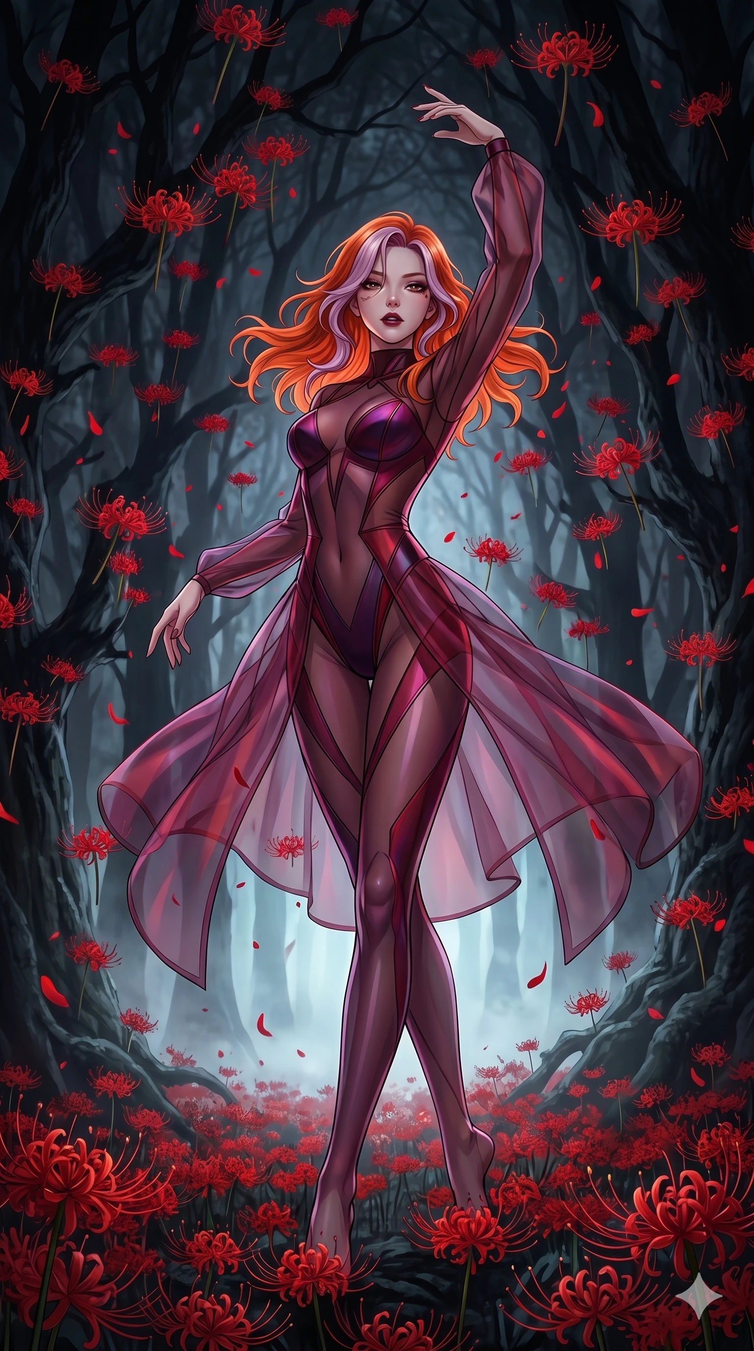 score_9, masterpiece, best quality, ultra-detailed, High-budget Anime Keyframe, East Asian woman. Low angle cowboy shot filling the entire 9:16 frame with her statuesque presence. Scenario 265: Dancing amidst falling red spider lilies in a misty dark forest. Her presence is magnetic and overpowering in this high-budget anime scene. Outfit 265: A sheer organza bare with a high-cut leg line and tight-fitting silhouette. The clothing is designed to emphasize her exceptionally tall and slender 8-heads proportion. 8-heads proportion, towering silhouette, ultra-slim waist. sharp v-shaped jawline, intricate jewel-like eyes with depth, thick eyelashes, glossy lips. 2k, ultra detail, master piece, 9:16 ratio